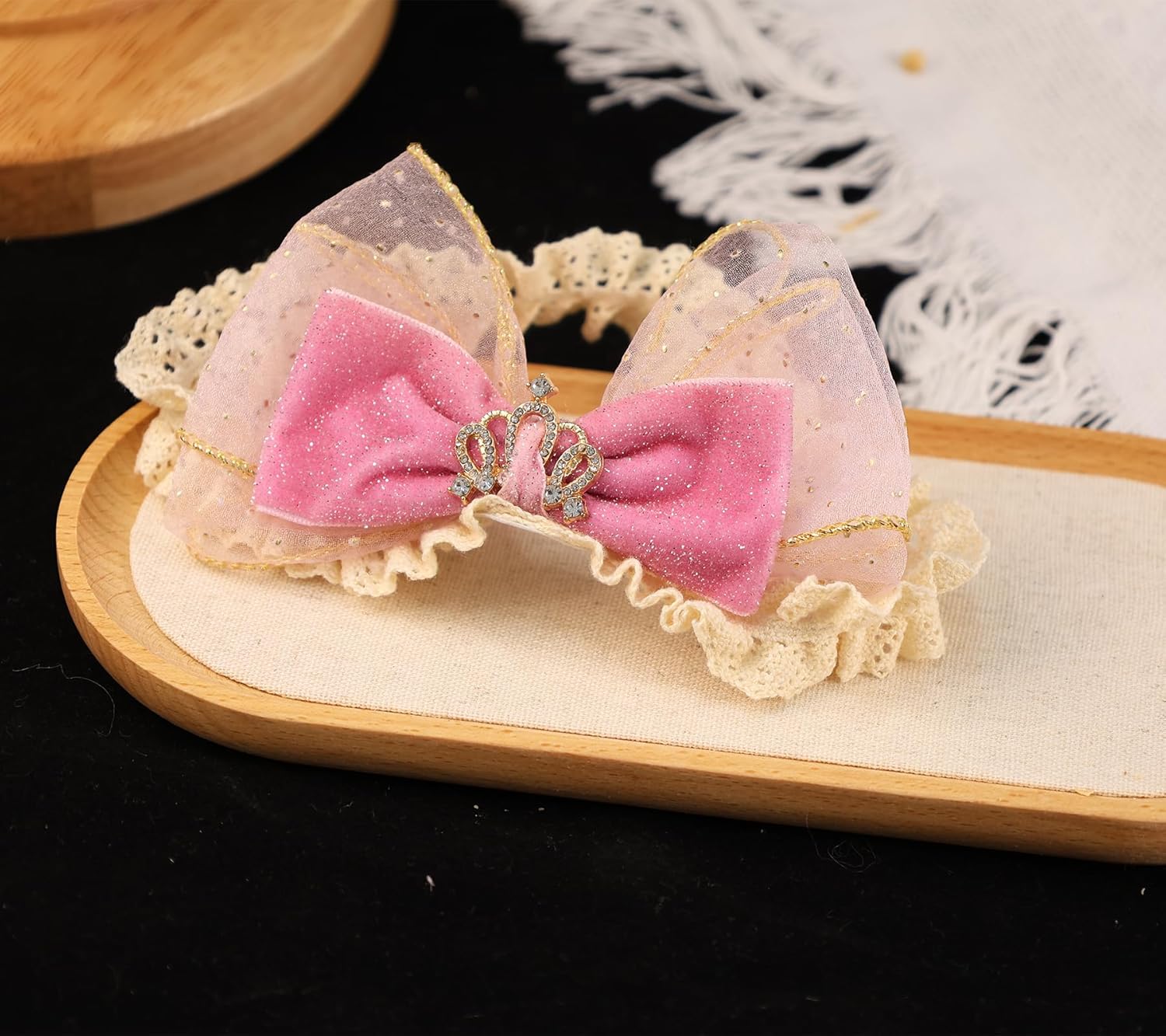 Cute Lace Bow Baby Girls Headbands Large Knot Hair Band Soft Chiffon Hairband Elastic Shower Hair Accessories for Newborn Infant Toddler Kids (Crown, Elastic) - Image 2