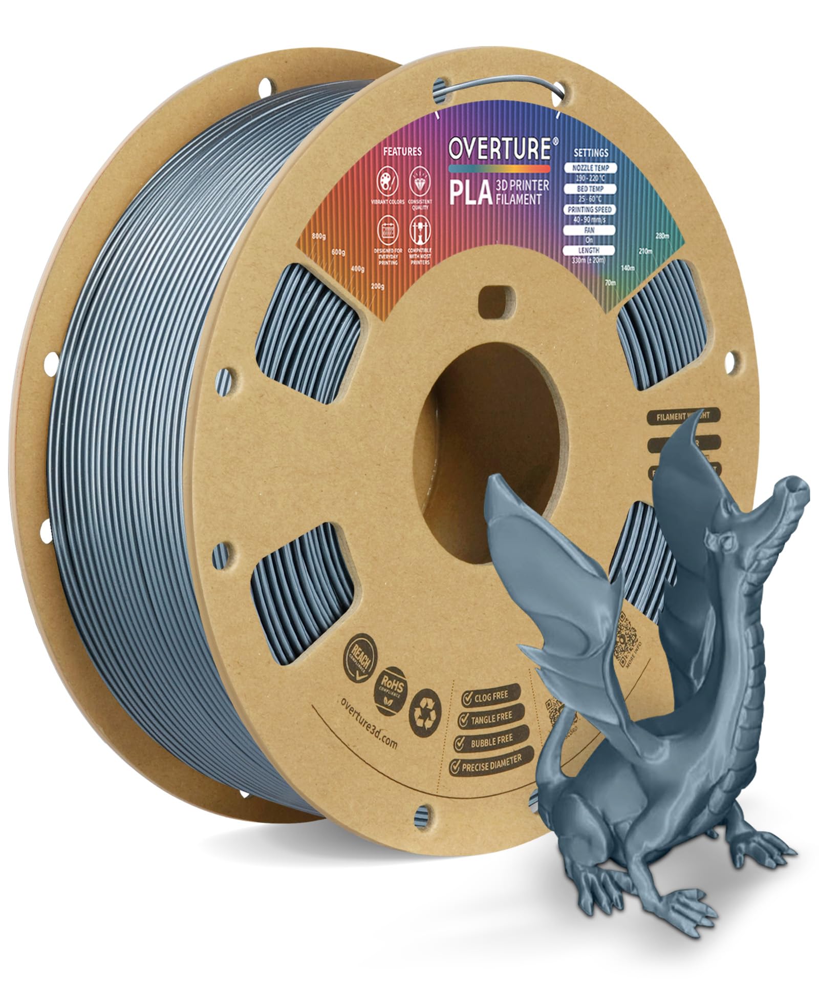 OVERTURE Filamento PLA 1.75mm - Bobina 1kg (2,2lbs) Precisione ±0.02mm, in Cartone Riciclato | Compatibile Stampanti 3D FDM (Gris Metálico)