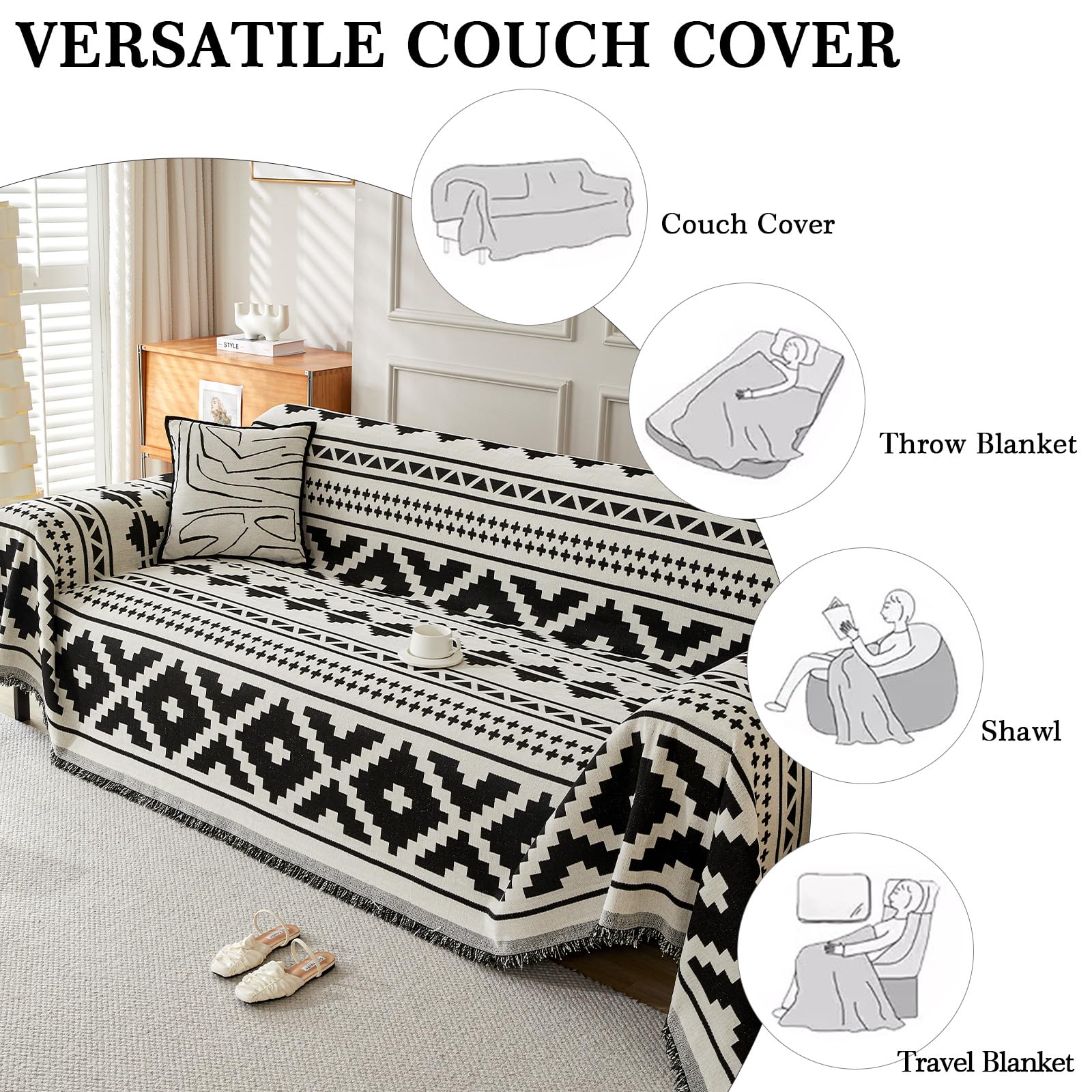 SHANNA Geometric Sofa Cover for 2 3 4 Seater, Chenille AB Sided Slipcover for Corner Sofa All-Season Protection Couch Cover - Image 3