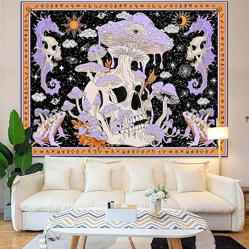 Miniatura 5 de LYANNA SU Divertido tapiz de calavera de hongo morado para dormitorio, tapiz colgante de pared, tapices de esqueleto para estética de sala de estar