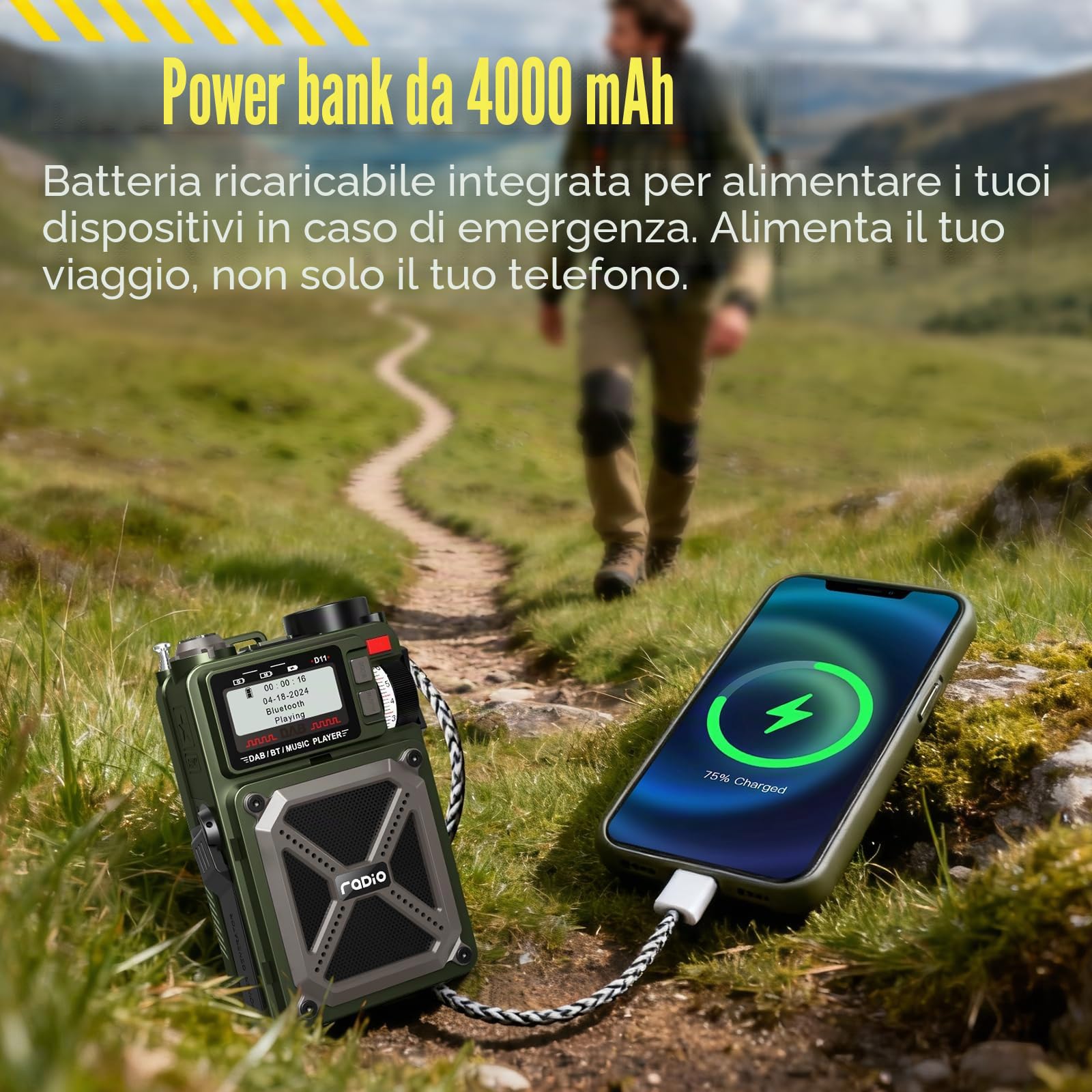 Radio portatile DAB/DAB+ e FM con Bluetooth 5.3, radio solare, radio a manovella ricaricabile con SOS, torcia, jack per auricolari, scheda SD, USB, 4000 mAh di emergenza Wind up Radio