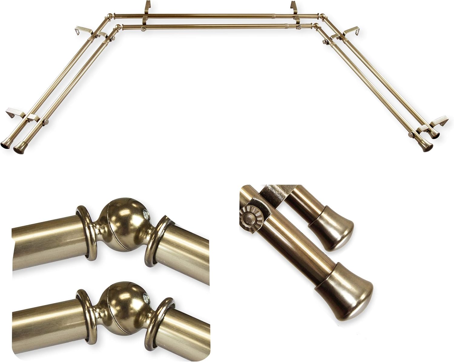 A&F Rod Decor - Collar 13/16" Double Bay Window Curtain Rod - Antique Brass