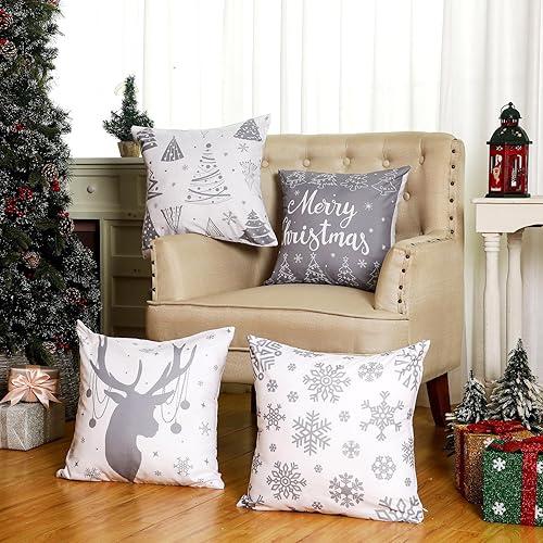 Miniatura 6 de 6 fundas de almohada de Navidad de 18 x 18 pulgadas, fundas de almohada de Navidad, fundas de almohada de invierno con copos de nieve, decoración