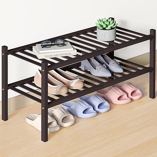Miniatura 98 de Smiry Zapatero de bambú para clóset, organizador de zapatos apilable de 4 niveles largo de madera, estante de almacenamiento de zapatos Negro