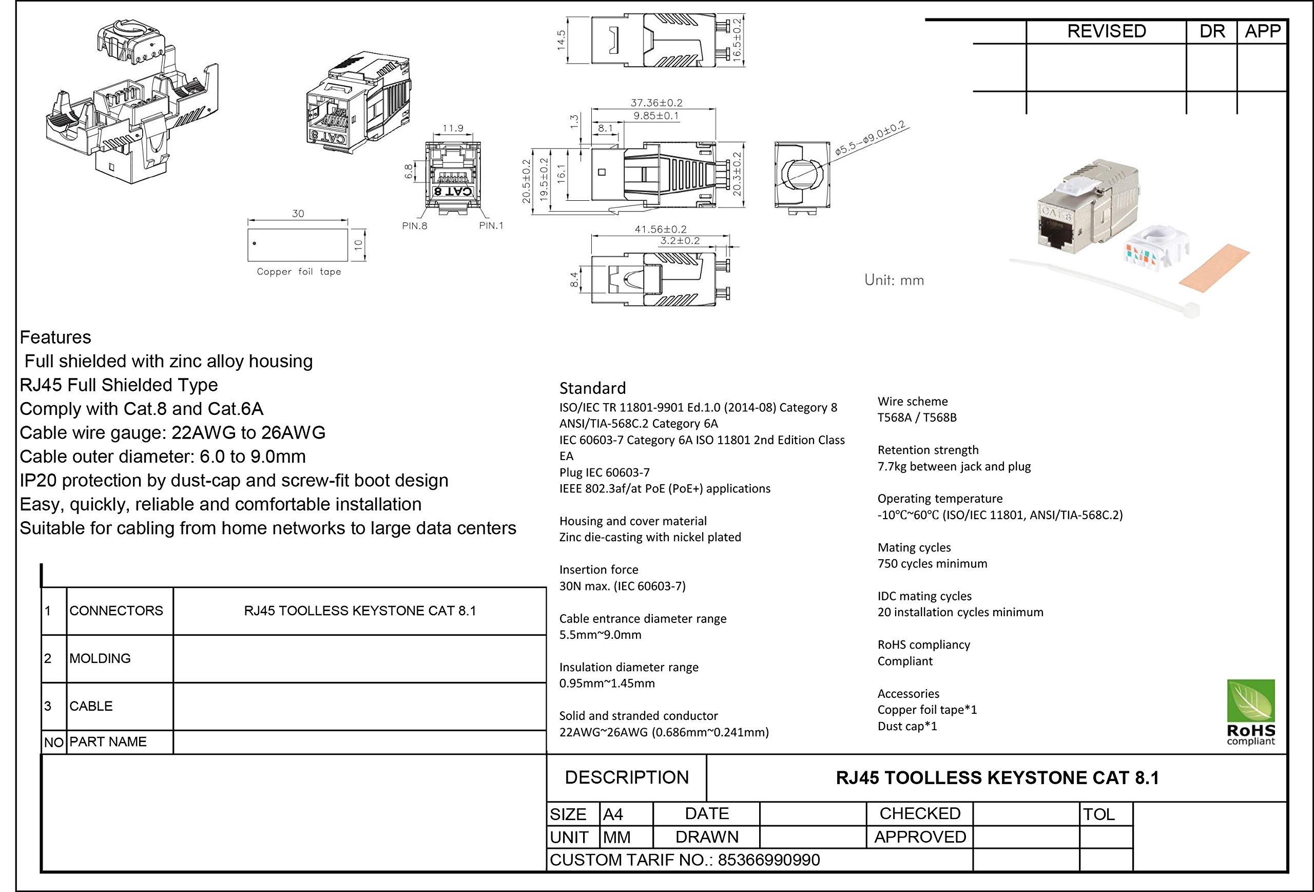 1aTTack.de 10 x CAT 8-3 x Keystone RJ45 sans outil CAT8 Key Stone boîtier métallique blindé 40 Gbit s compatible avec Cat5 Cat6 Cat7 10 pièces Cat8 Keystone Cat8 Keystone