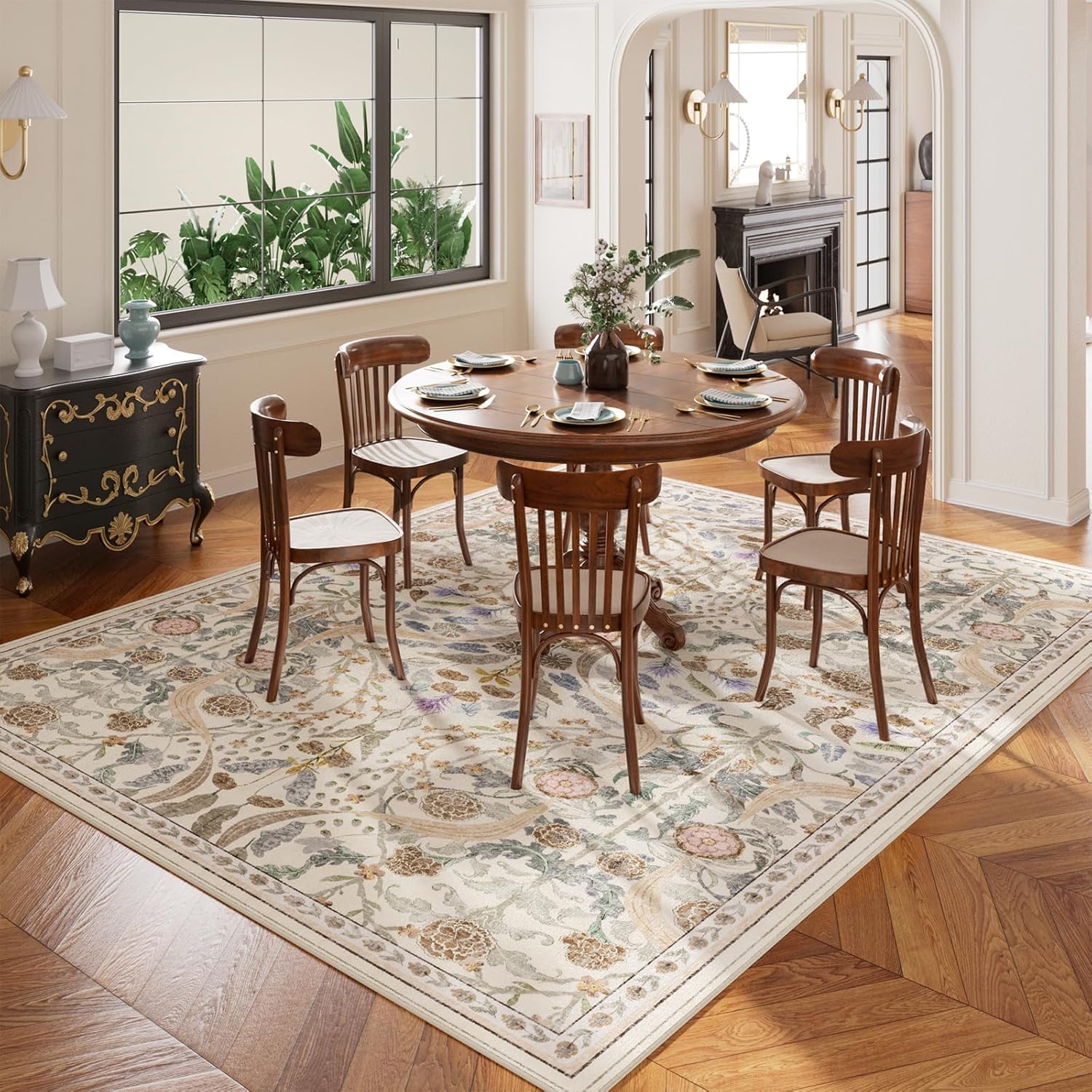 AMTOVO 8x10 Washable Area Rugs for Living Room, Non-Slip&Non-Shedding Large Soft Boho Floral Vintage Accent Print Carpet for Bedroom Dorm Dining Room Farmhouse Nursery Playroom Home Office, Beige