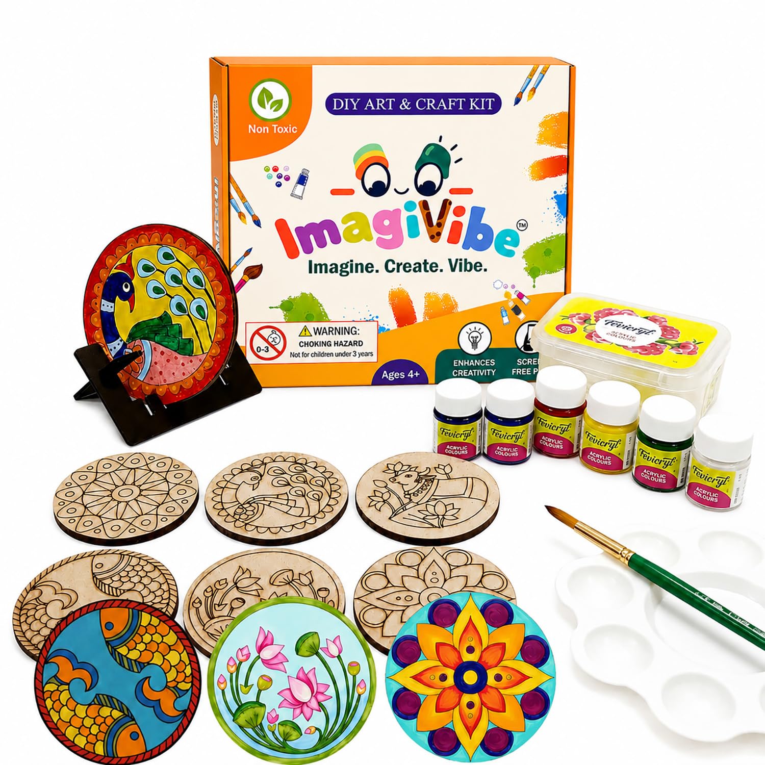 ImagiVibe 3-in-1 Premium Coaster Painting Kit for Kids & Adults | DIY Mandala, Madhubani & Pichwai Art | 6 Pre-Marked Wooden 4 Inch MDF Coasters with Stand | 6 Acrylic Colours | Creative Art & Craft Activity-image-31