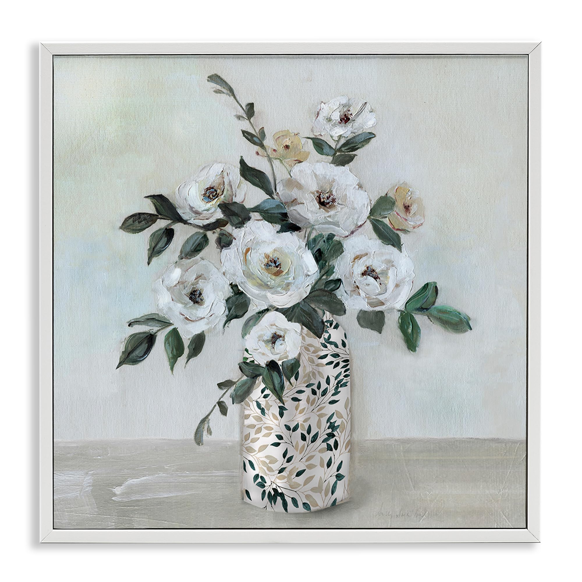 Stupell Industries Coastal White (Textured) 'Leaf Patterned Flower Vase', Framed Giclee Art, White, 12 X 12 Inches, Easy To Hang And Sturdy, Made In Usa, By Sally Swatland