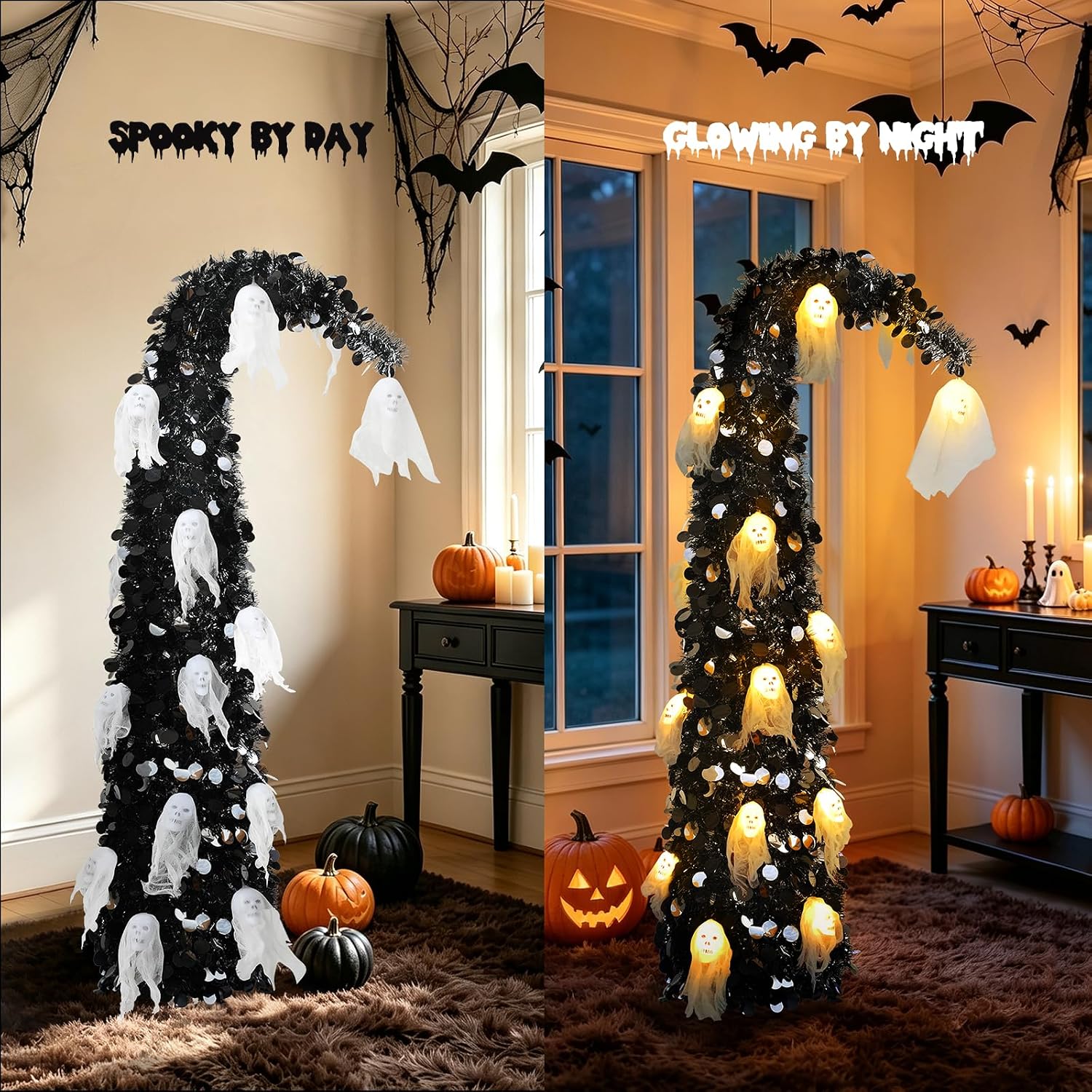 5FT Black Christmas Halloween Tree with Ghost Skull Lights Pop Up Tinsel