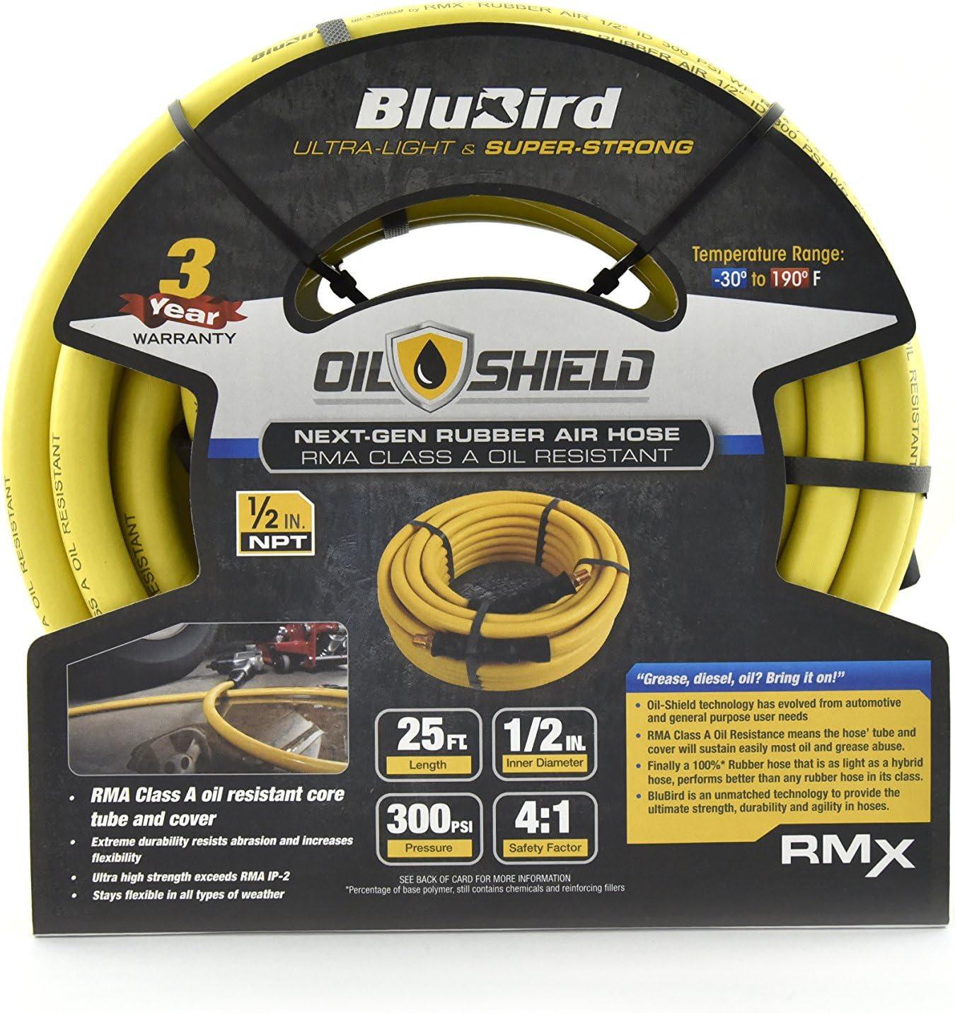 BluBird Oil Shield RMA Class A Professional Rubber Air Hose (1/2" x 25') 1/2" NPT
