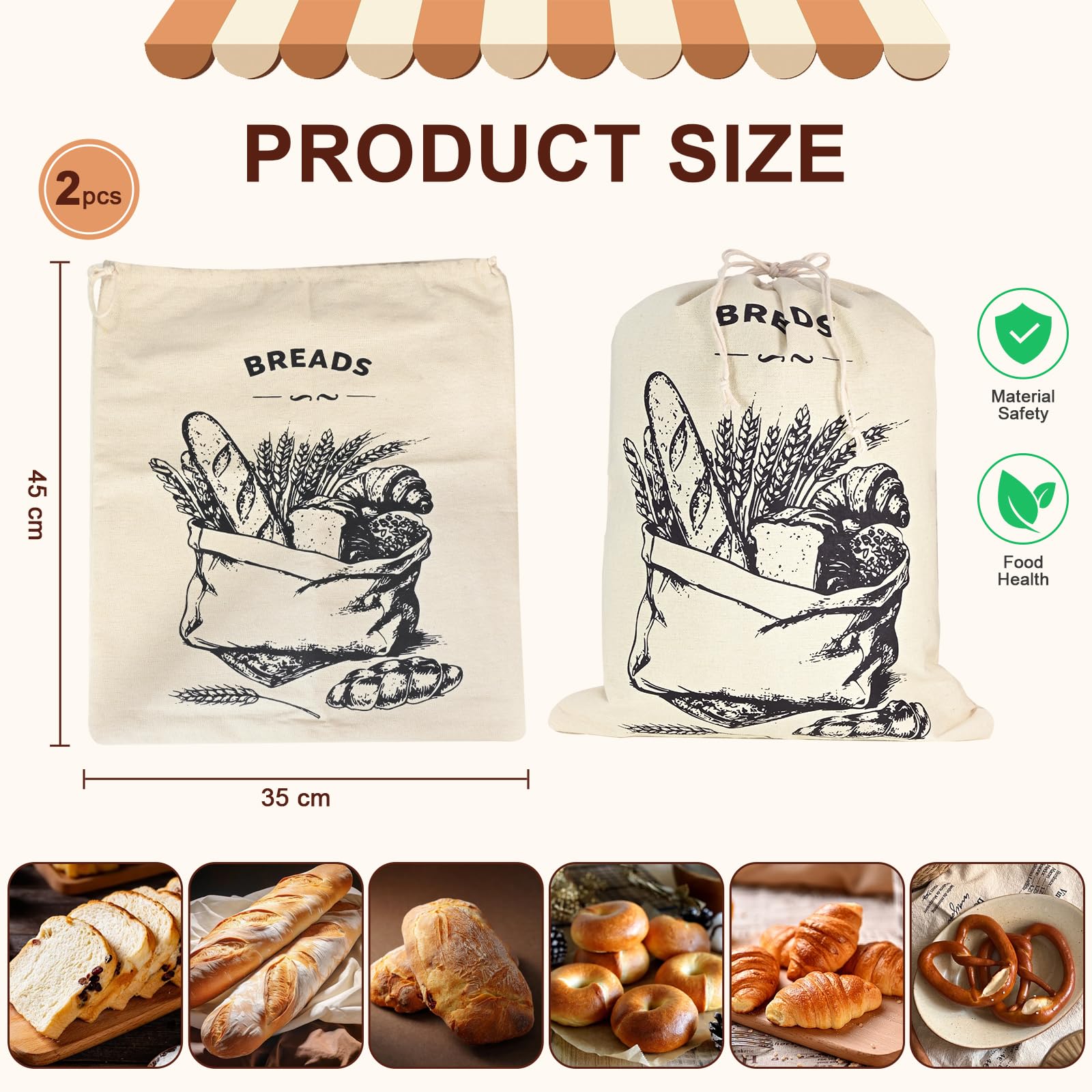 Lot de 2 Grands Sac a Pain Cire Abeille en Lin, 45x35 cm Sac à Pain Durable avec Doublure TPU pour Garder, Sacs a Pain Tissu avec Cordon de Serrage Stockage Alimentaire et Transport