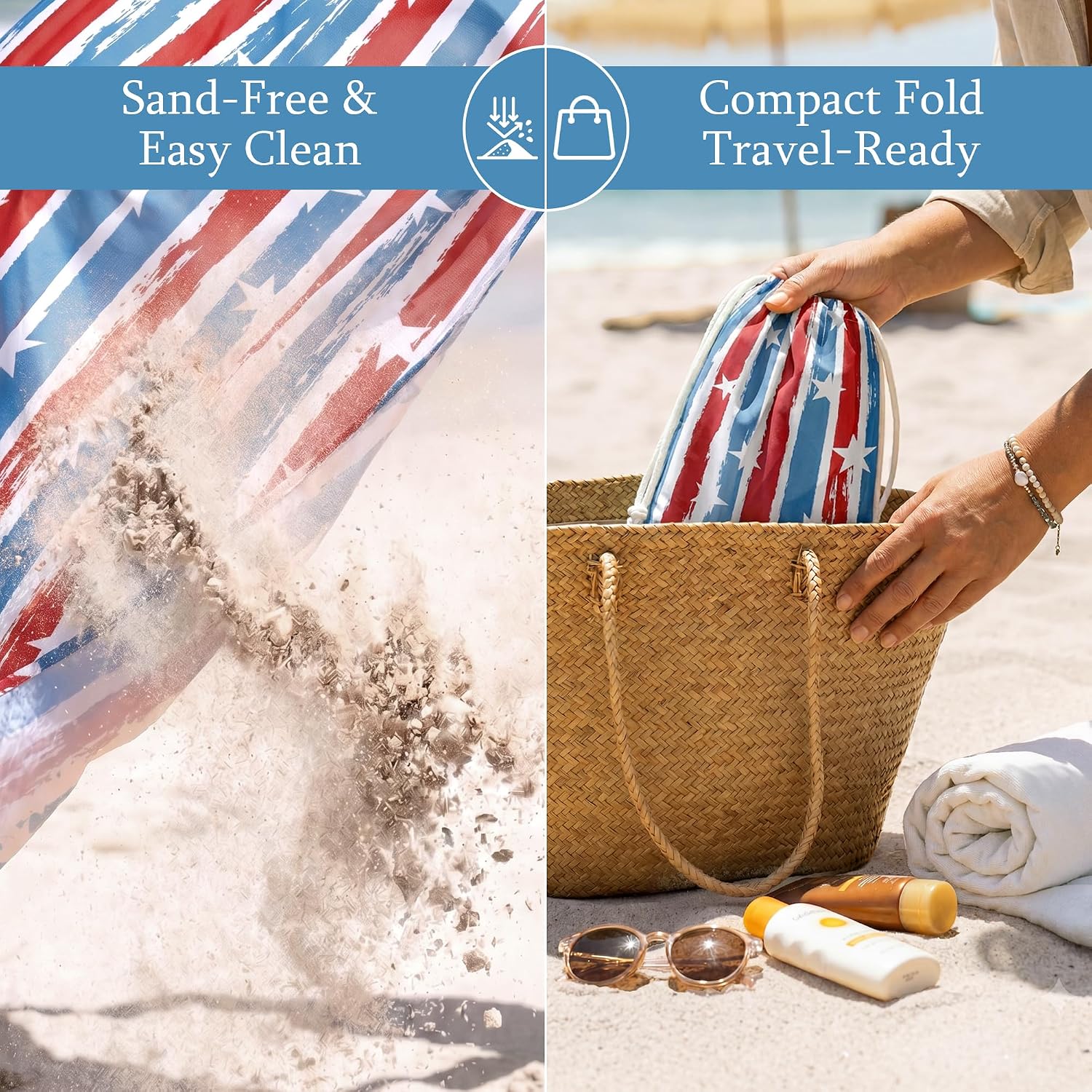 4th of July Beach Blanket: Red White and Blue sandproof waterproof picnic blankets. Lightweight quick-dry outdoor camping rug. Spacious & portable travel vacation essentials for cruise or beach. 6'x7' image 4
