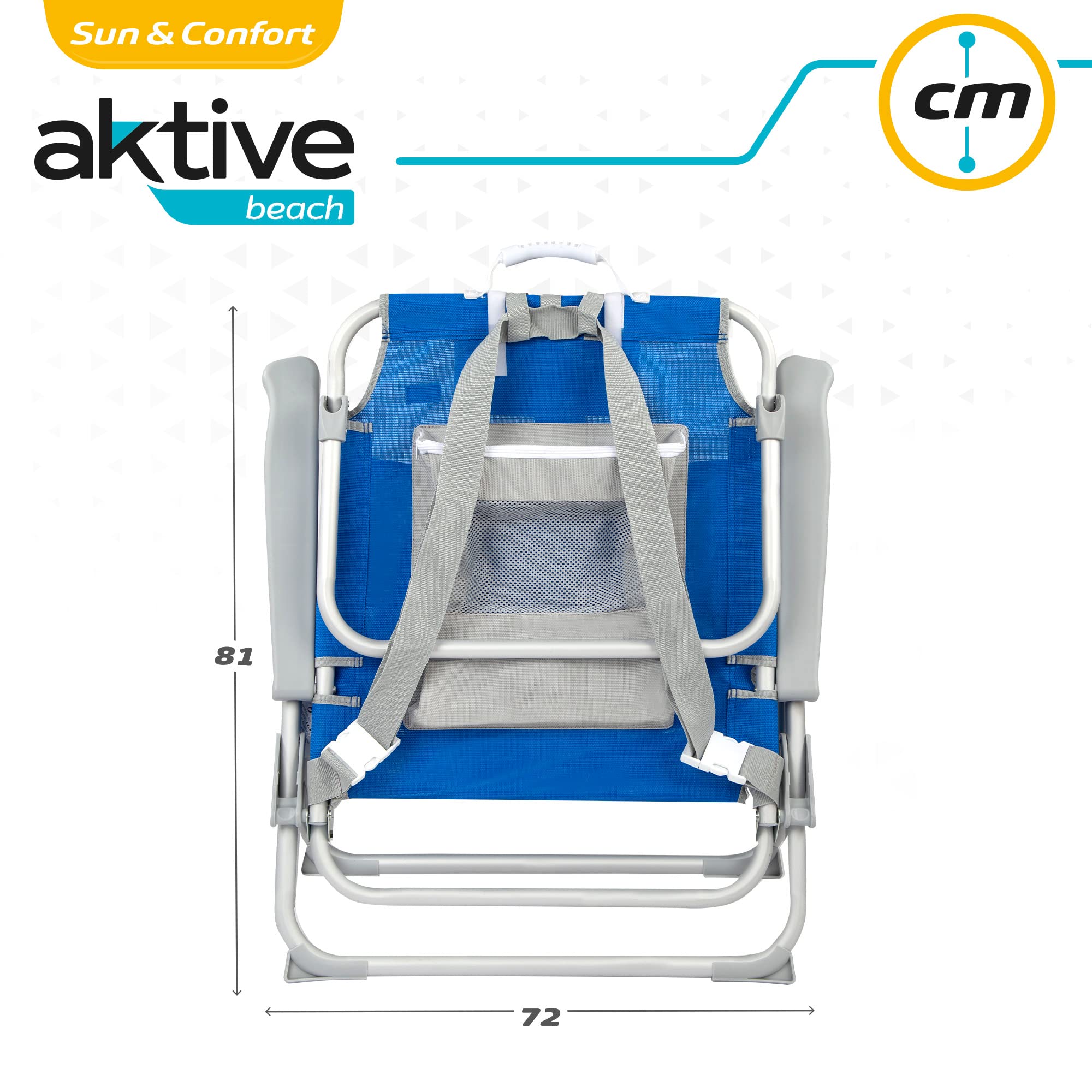 Aktive 62633 - Silla playa plegable y reclinable 5 posiciones, Silla portátil plegable 55x67,5x86cm, Incluye cojín, 1 bolsillo, 1 bolsa con cremallera y topes antivuelco, Sillas de playa