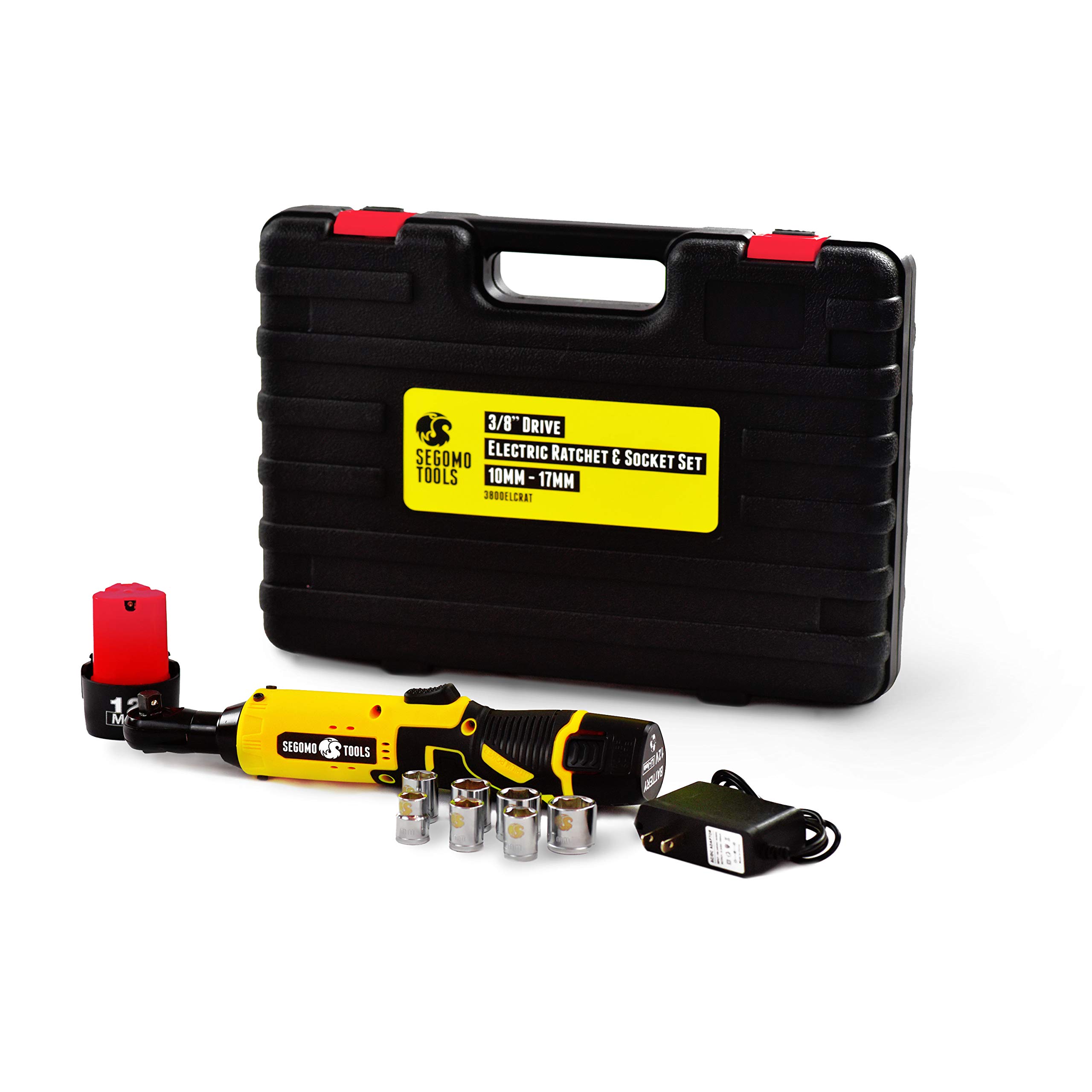 Segomo Tools3/8 Inch Drive Cordless Ratchet - 33 Ft-lbs 230 RPM 12V Electric Ratchet Wrench Set - Power Ratchet with 2 Batteries - Electric Ratchet - Cordless Ratchet Wrench 3/8 - 3800ELCRAT