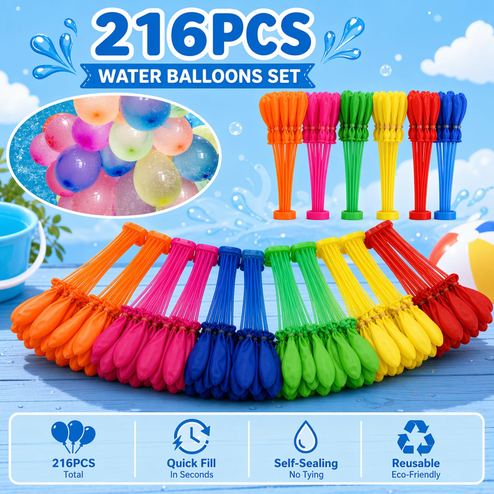 216Pcs Multicolour Rapid-tying sealing Water Balloons for kids easy fill outdoor Water Bombs & Water Balls for summer fun great for beach pool parties and family gatherings - Image 2