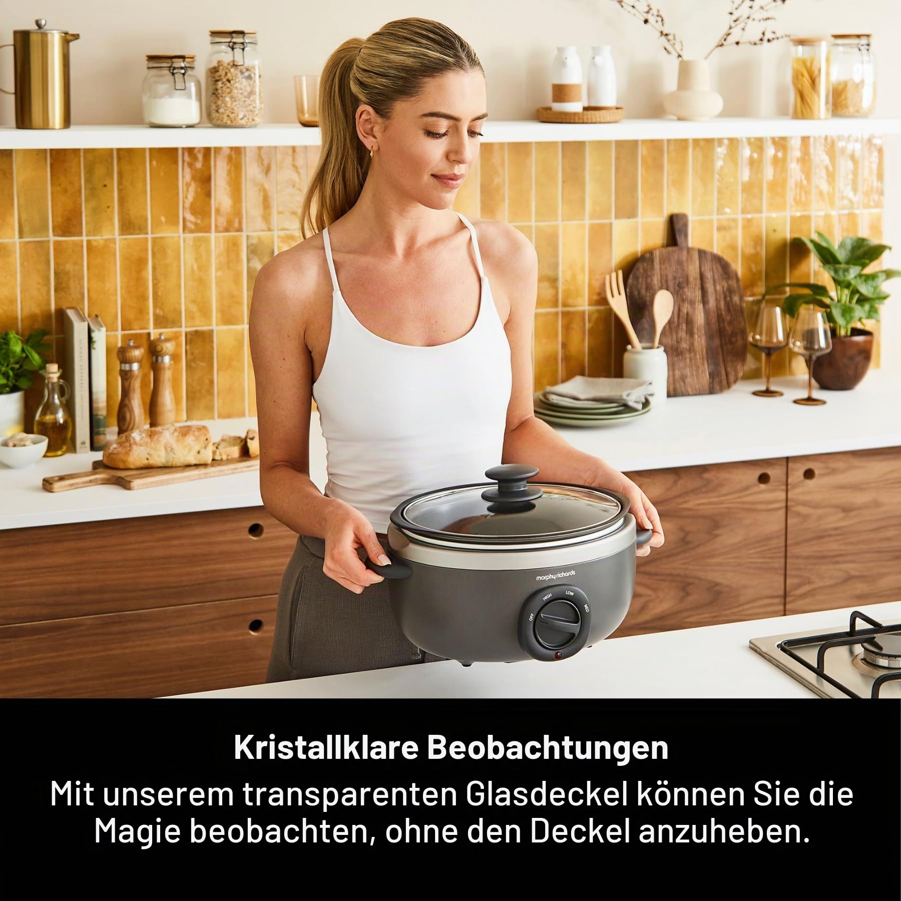 Morphy Richards Sear & Stew 460022 Ovaler Schongarer, spülmaschinenfest, antihaftbeschichteter Aluminiumtopf, Cool-Touch-Griffe, Glasdeckel, mattes Finish, 163 W, Titan