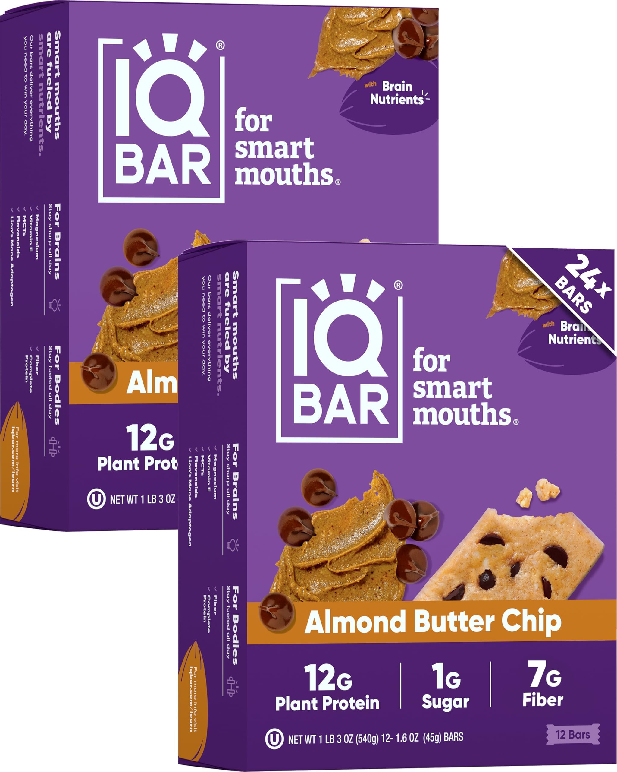 IQ BAR Brain and Body Keto Protein s - Almond Butter Chip Keto s - 24-Count Energy Pack - Low Carb Protein s - High Fiber, Gluten Free and Low Sugar Meal Replacement s - Vegan Snacks