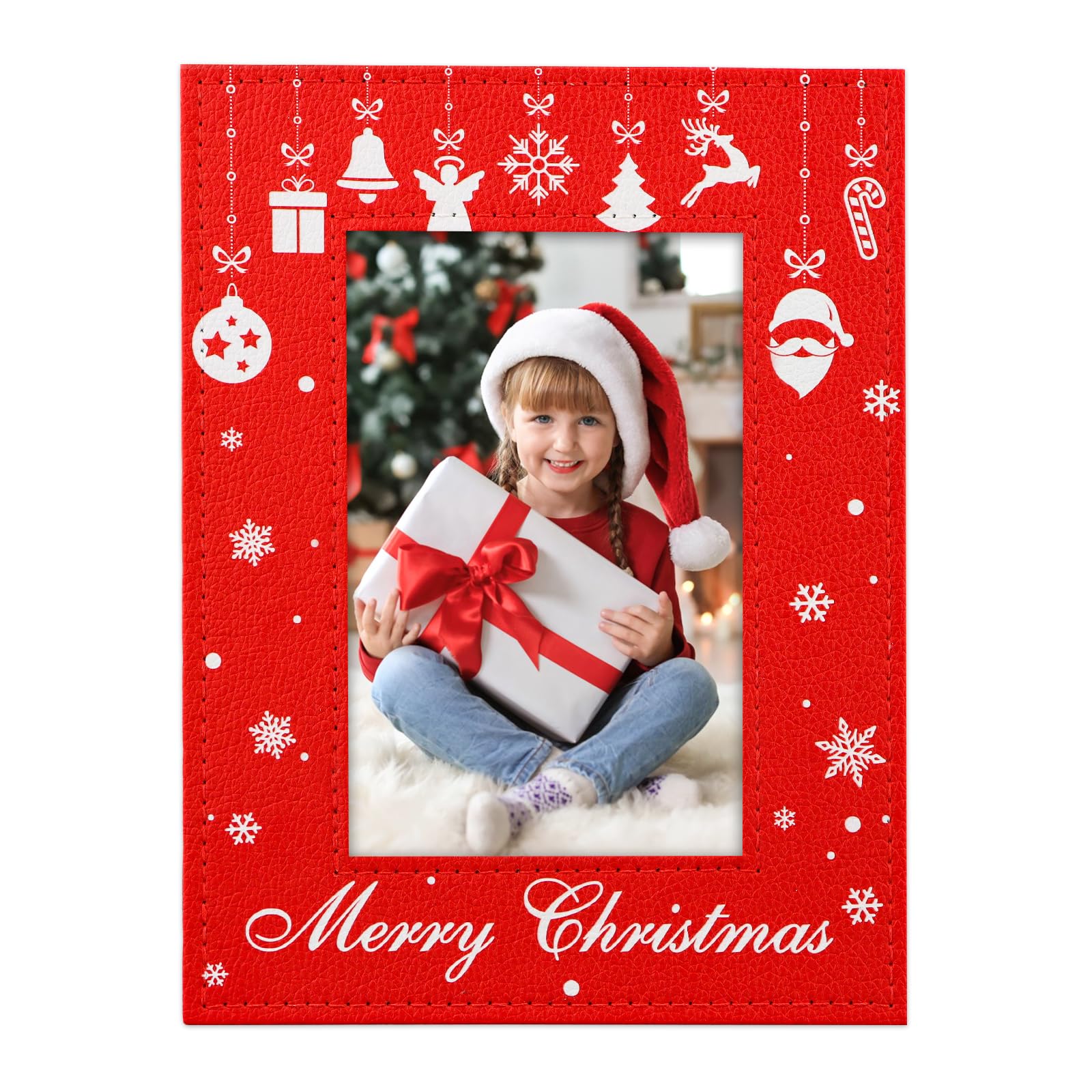 2025 Christmas Picture Frame - Christmas Photo Frames 4x6 Red Leather & Wooden Holiday Photo Frame Gifts for Familys Friends Kids Women Men Xmas Decorations for Home Decorations Souvenir
