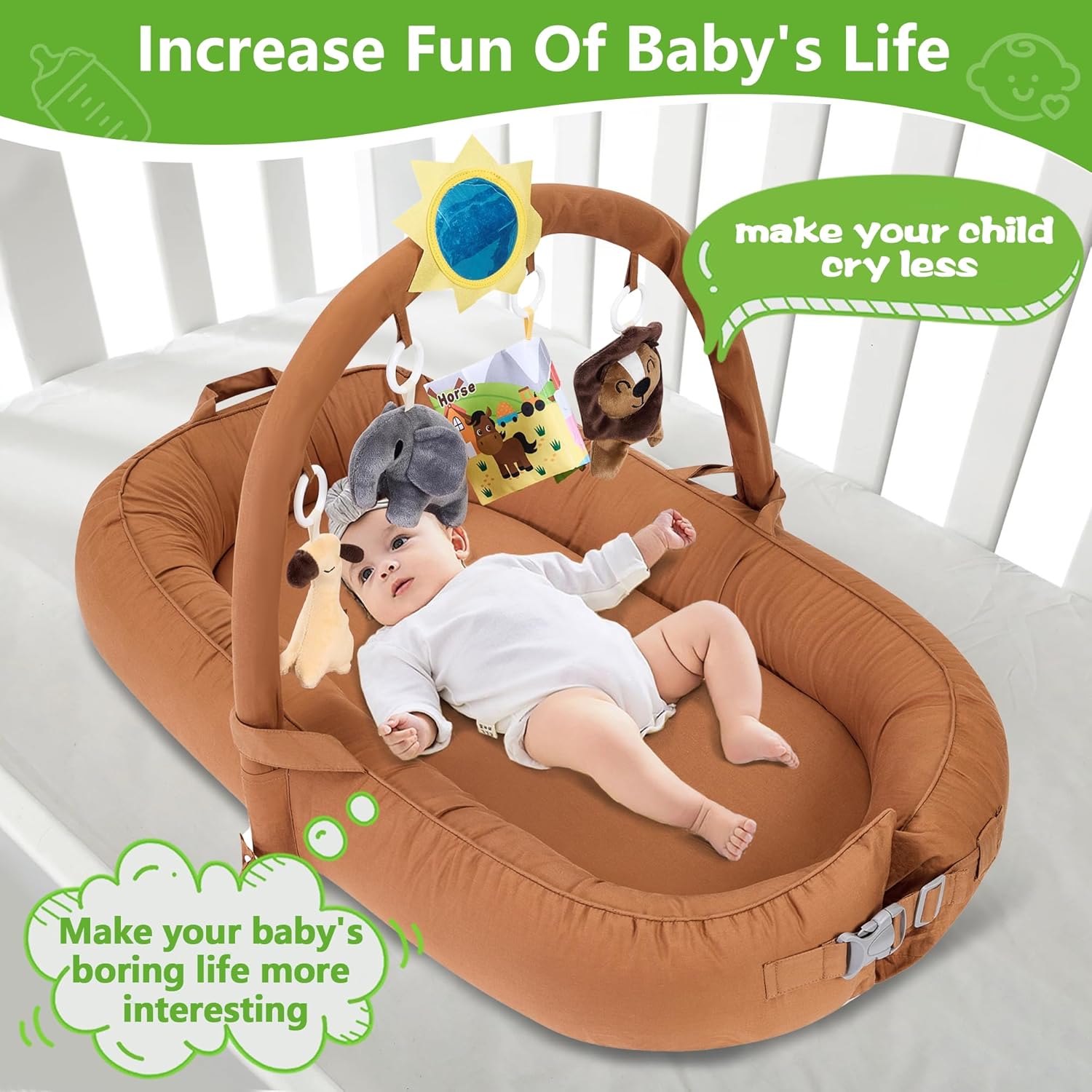 Portable Baby Lounger For Travel,Breathable & Comfortable 100% Cotton Infant Lounger, Baby Nest 0-24 months Machine-Washable Newborn Lounger,Newborn Essentials (Brown, Baby Lounger With Toys) - Image 2