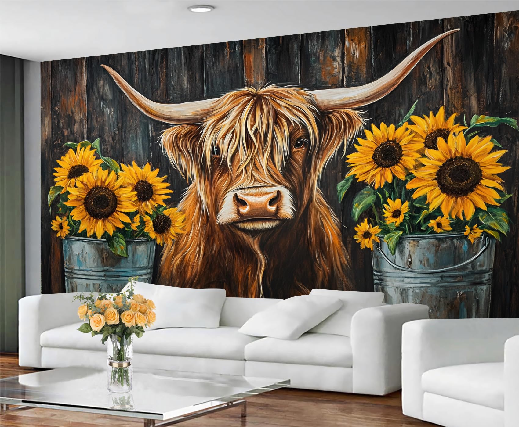 GIVLWF Wallpaper - Highland Cattle Home Decor & Mural, Rustic Sunflower Bedroom Wallpaper, Farmhouse Rustic Wall Paper for Living Room, Large Wall Mural (Not Self-Adhesive)