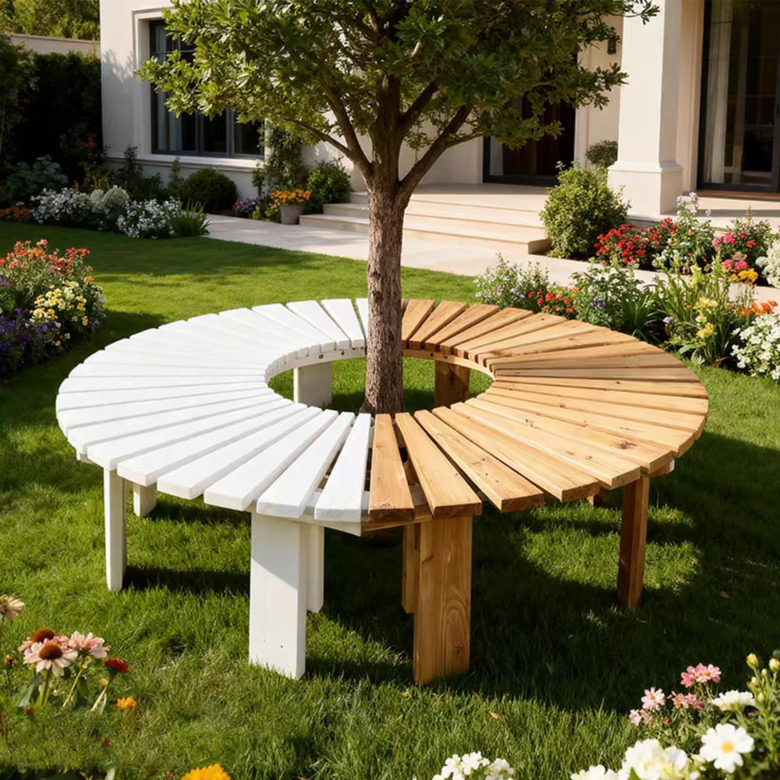 Ławka pod drzewem Owijana patio na świeżym powietrzu Weranda ogrodowa Zakrzywiona ławka z litego drewna Okrągły stołek wypoczynkowy na taras(Wood,Round)