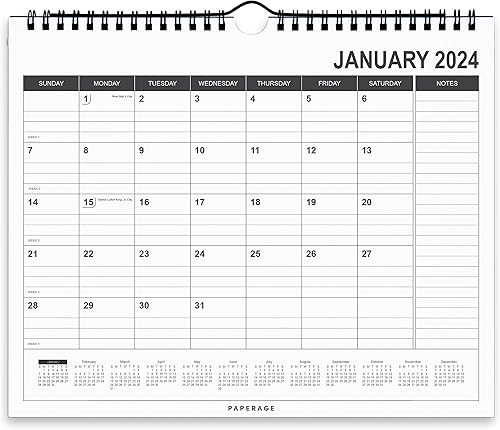 PAPERAGE Calendario 2024-12 meses (negro y blanco), calendario minimalista de pared y escritorio con vistas mensuales y planes anuales, pequeño (9 x