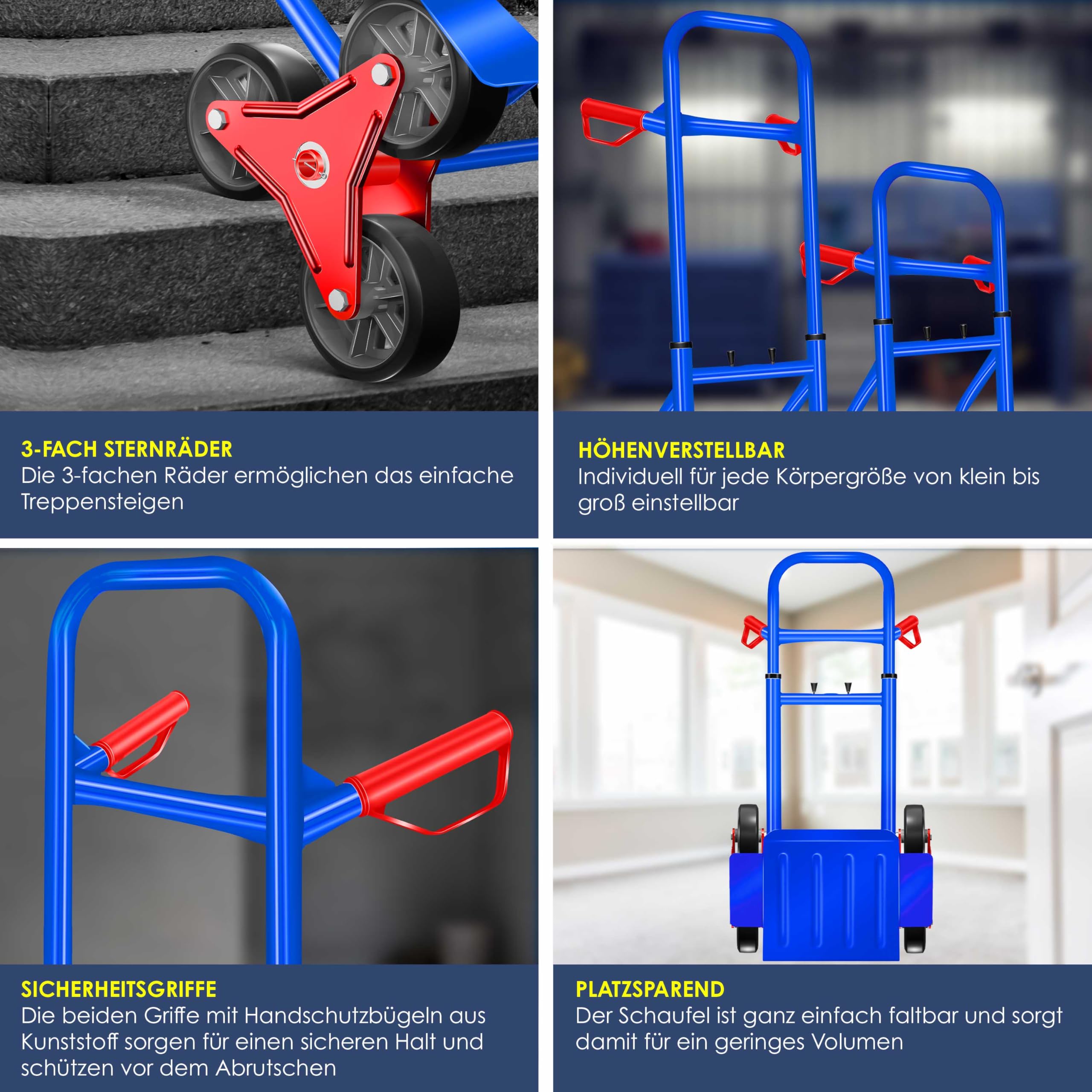 Masko Treppenkarre Sackkarre 200kg Transportkarre Treppensteiger Stapelkarre, klappbar Treppensackkarre Hartgummireifen | Kunststoff Griffe | Stahl Rahmen | Blau