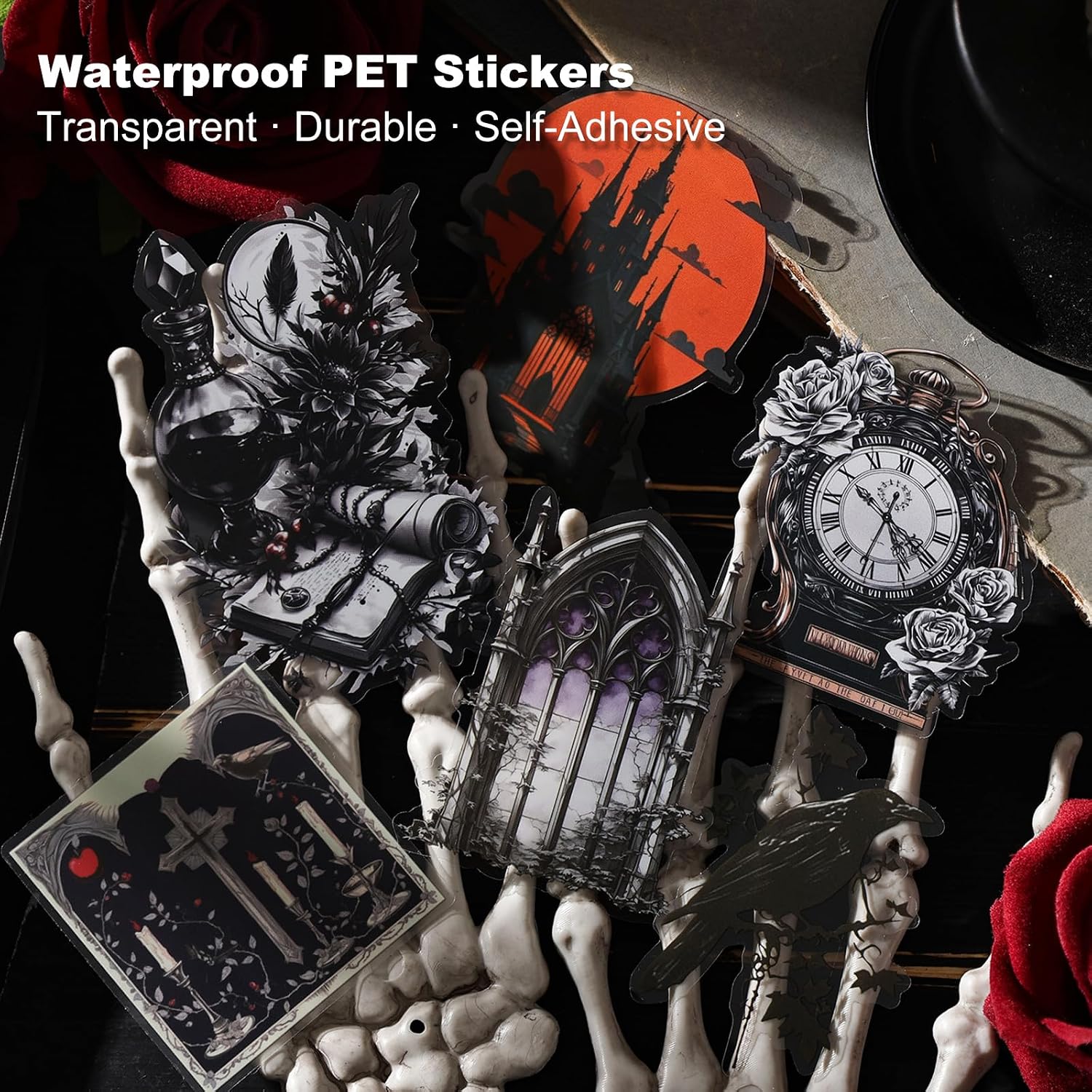 90PCS Gothic PET Stickers Set – Waterproof Die-Cut Stickers with Vampire Castles Clocks Tarot Potions for Scrapbook Journal DIY Cards Planners Halloween Crafts