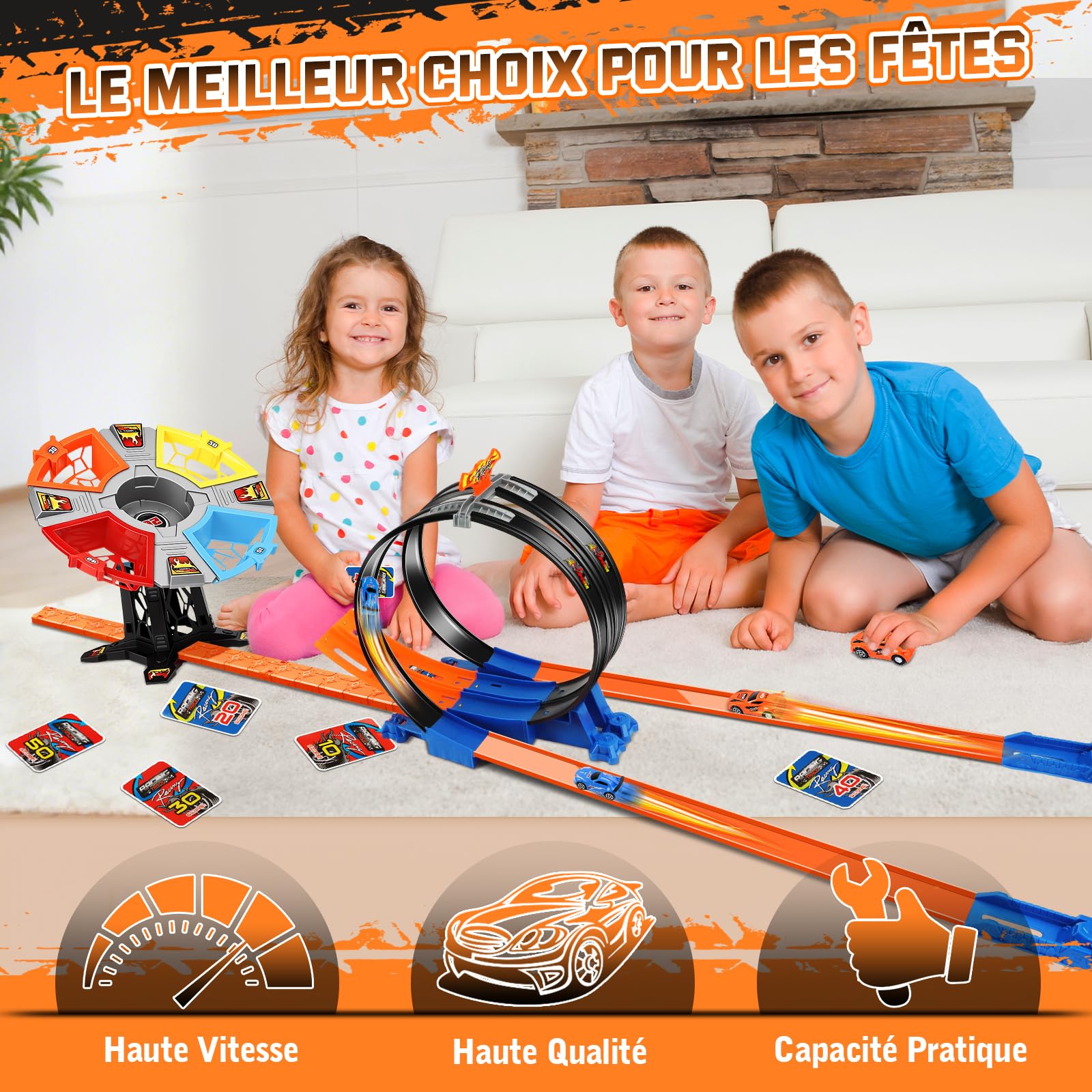 Charmofun Piste de Course Voiture Enfant, Circuit de Voiture Jouet avec Circulaires, Double Voies, Jouet Circuit pour Enfants de 3+ Ans