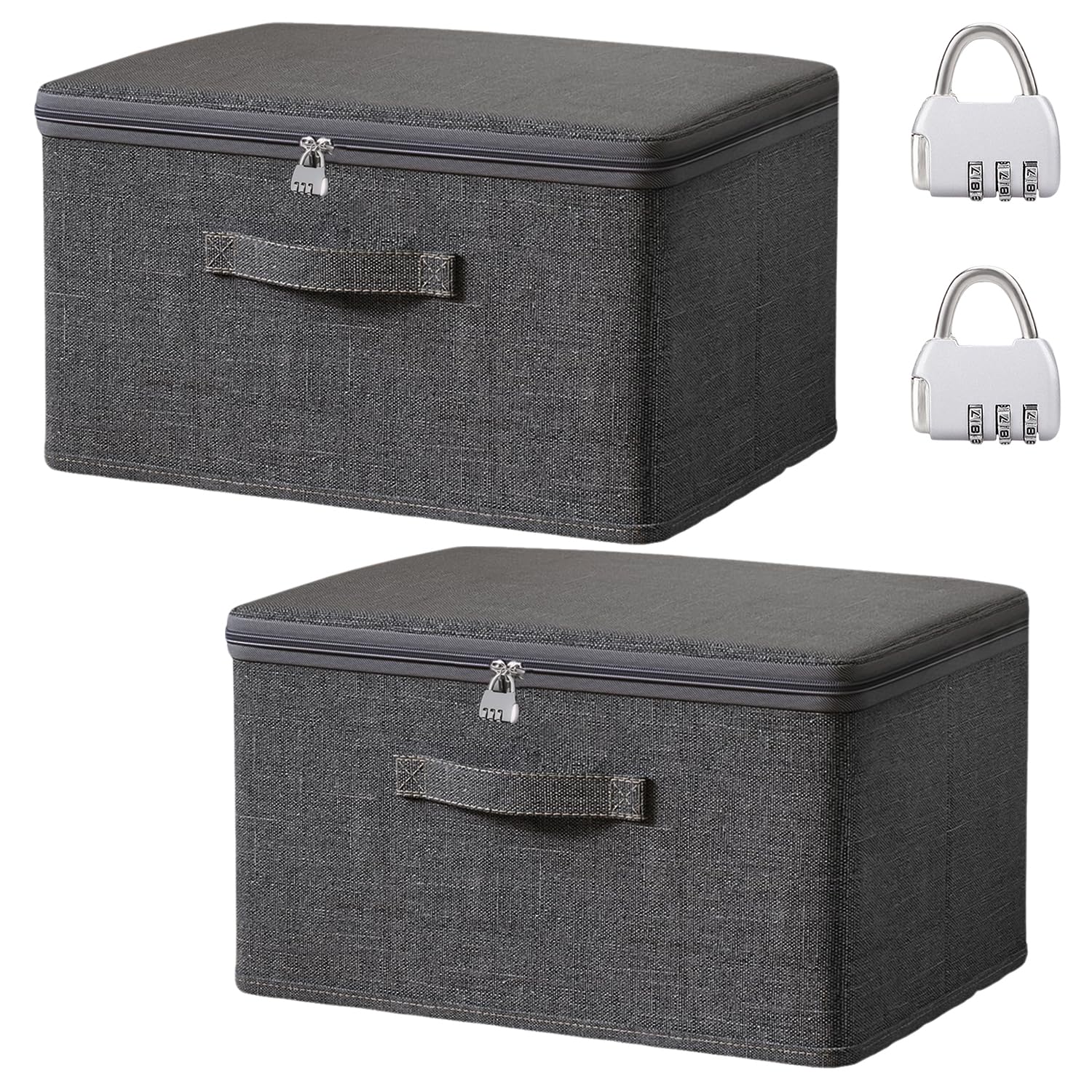 Cnwinu 2PCS Storage Box with Lids and Zips,Grey Foldable Lockable Wardrobe Storage Organiser,Stackable Storage Boxes with Reinforced Handle,Clothes Storage Boxes for Blanket Comforter Bed Sheet(XXL)