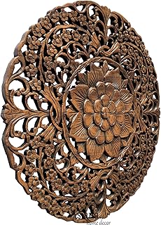 Tropical Bali Floral Wood Carved Wall Art Round Plaque. Rustic Home Decor. 24" (Dark Brown)