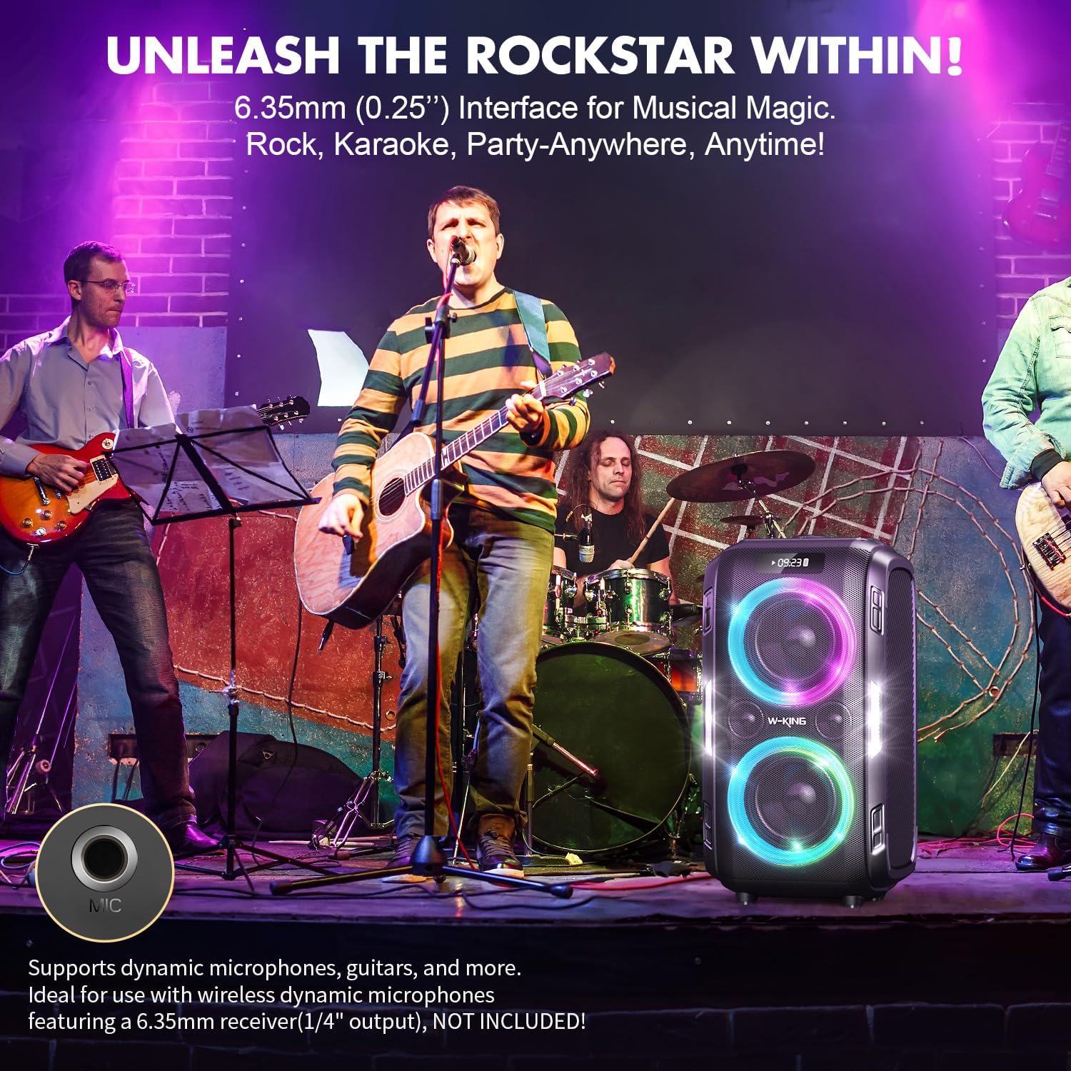 W-KING T9 PRO speaker used with a microphone and guitar