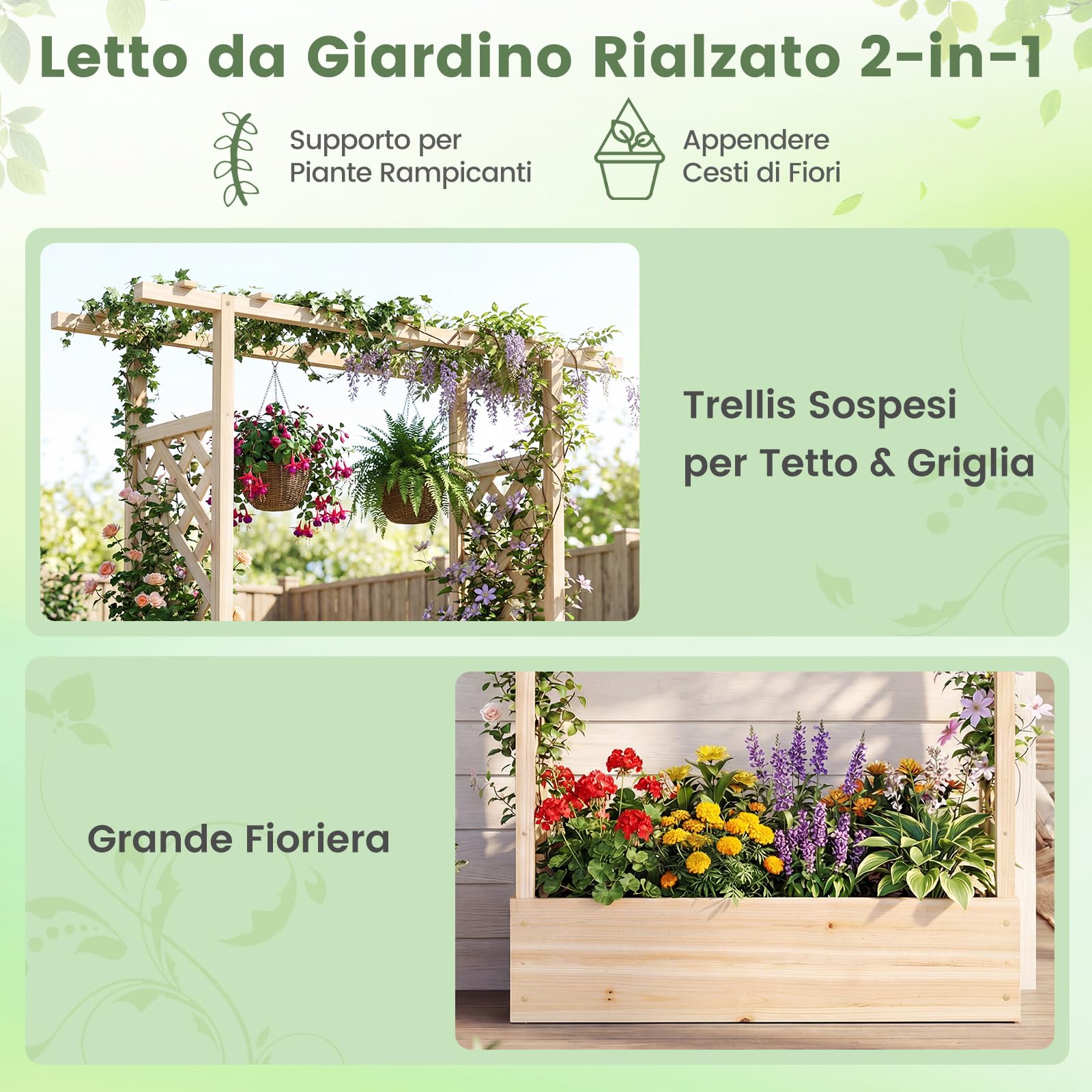 COSTWAY Fioriera Rialzata con Grigliato, Letto da Giardino Rialzato in Legno con Traliccio, Tetto e Fori di Drenaggio, Aiuola Elevata per Piante Rampicanti, Viti e Fiori (Naturale,110 x 35 x 227 cm)