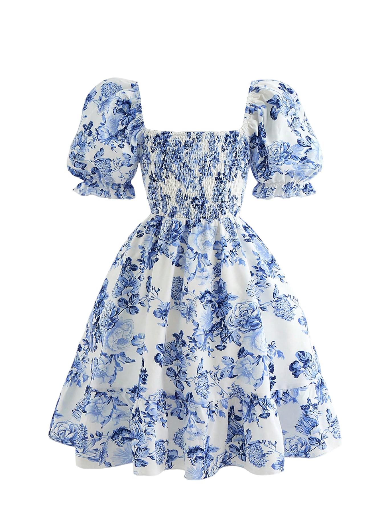 WDIRARA Girl's Floral Print Square Neck Dress Bow Knot Back Smocked Swing Dresses