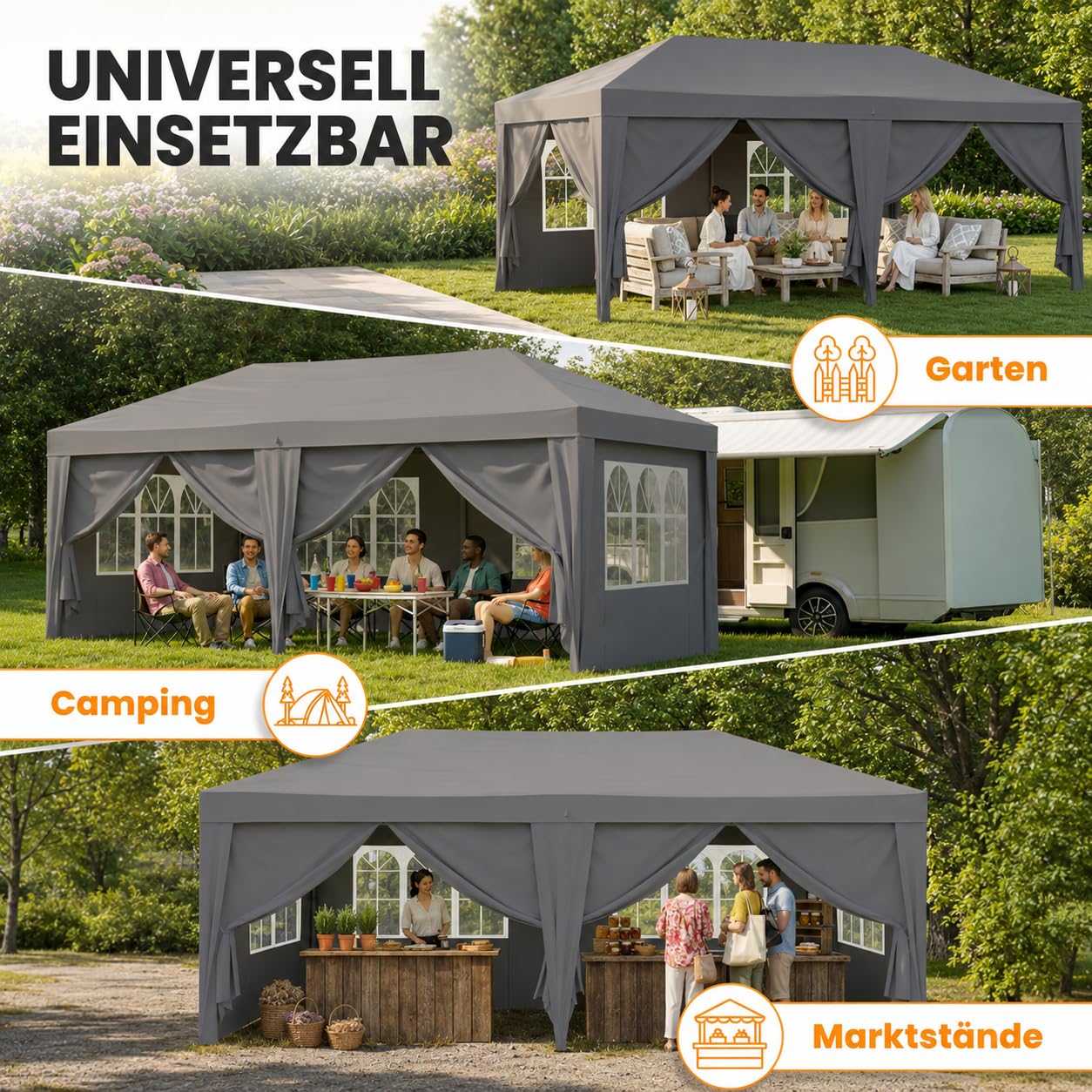 NATURIZ® Pavillon 3x6 Wasserdicht Stabil & UV 50+ Schutz - Faltpavillon mit Seitenwänden - Pop Up Zelt für Garten, Camping, Märktestand & Partyzelt, Gartenpavillon, Gartenzelt, Festzelt, Gazebo (Grau)