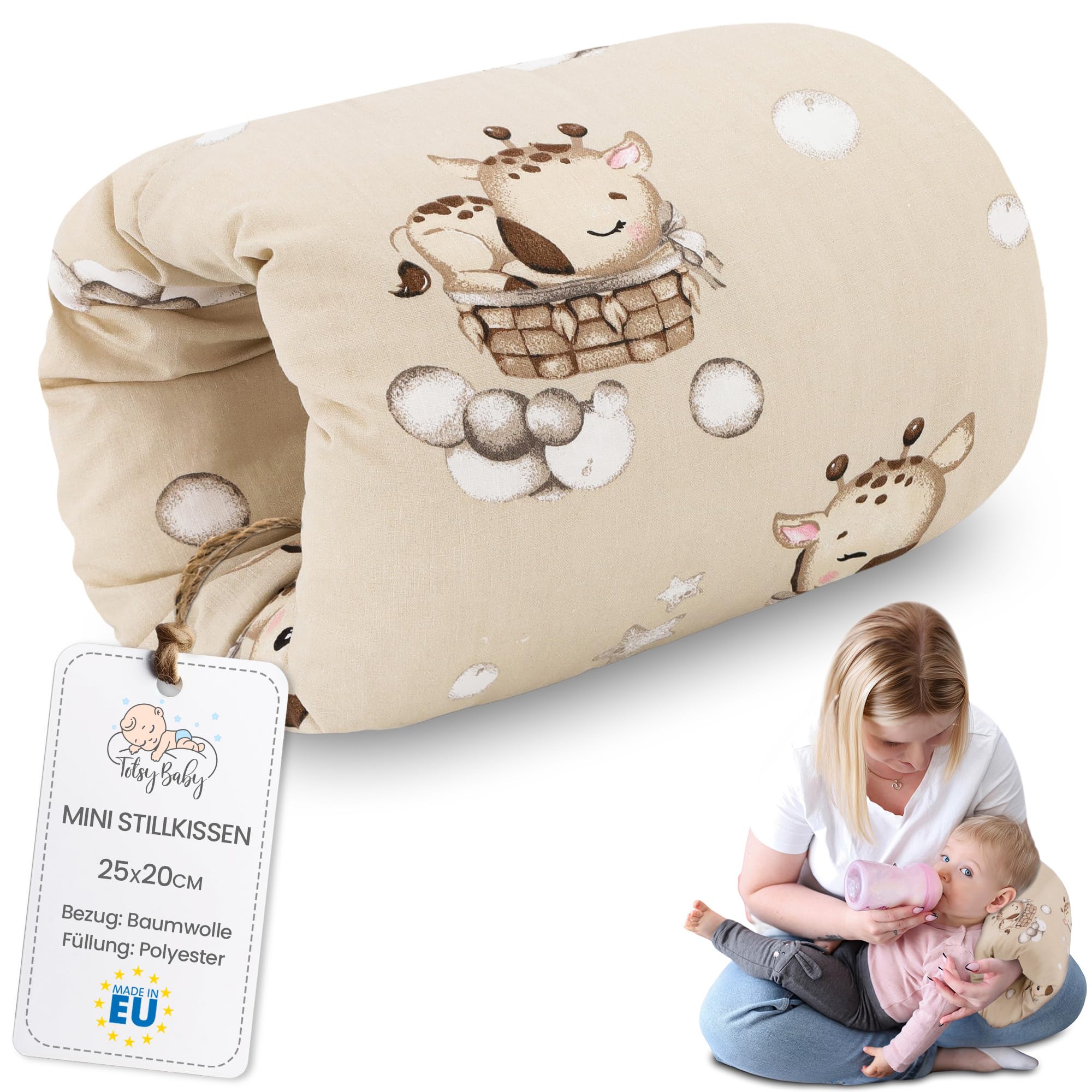 Stillkissen klein Breastfeeding und Nursing Pillow für unterwegs 20 cm - Stillmuff Armkissen und Lagerungskissen Baby Arm Still Kissen aus weicher Baumwolle Oeko-Tex Giraffen