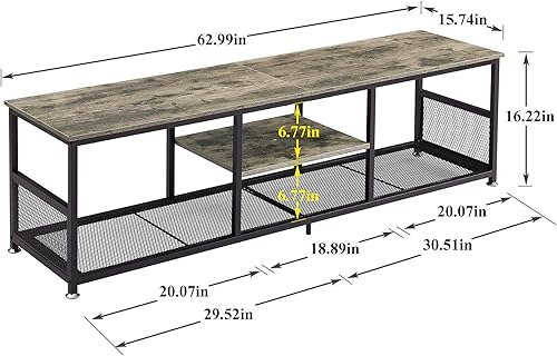 Miniatura 8 de VECELO Soporte de TV de hasta 62 pulgadas centro de entretenimiento consola multimedia almacenamiento abierto mesa de centro industrial con marco de