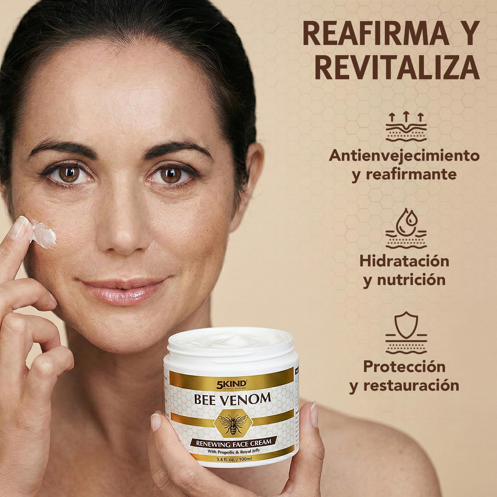 5Kind Crema Facial Renovadora con Veneno de Abeja, Propóleo y Jalea Real 100 ml - Crema Facial Antienvejecimiento con Veneno de Abeja - Crema Antiarrugas con Veneno de Abeja - Bee Venom Cream