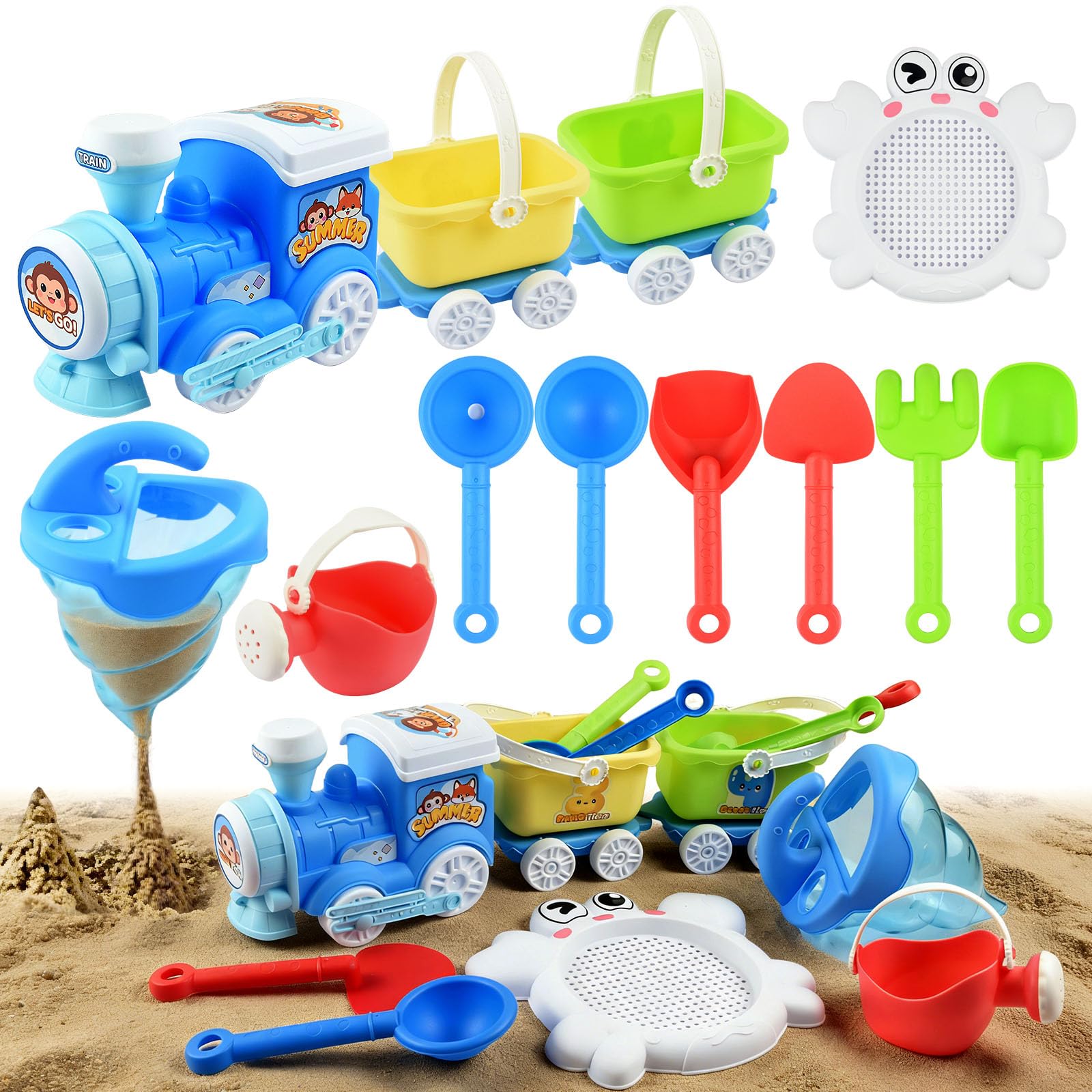 AUTOMP Sand Train Toy Set with Sand-Water Mixer, 12PCS Beach Toys for Kids, Includes Train, 2 Wagons, 6 Shovels, Sieve & Watering Can, Creative Sandpit Toys for Birthday