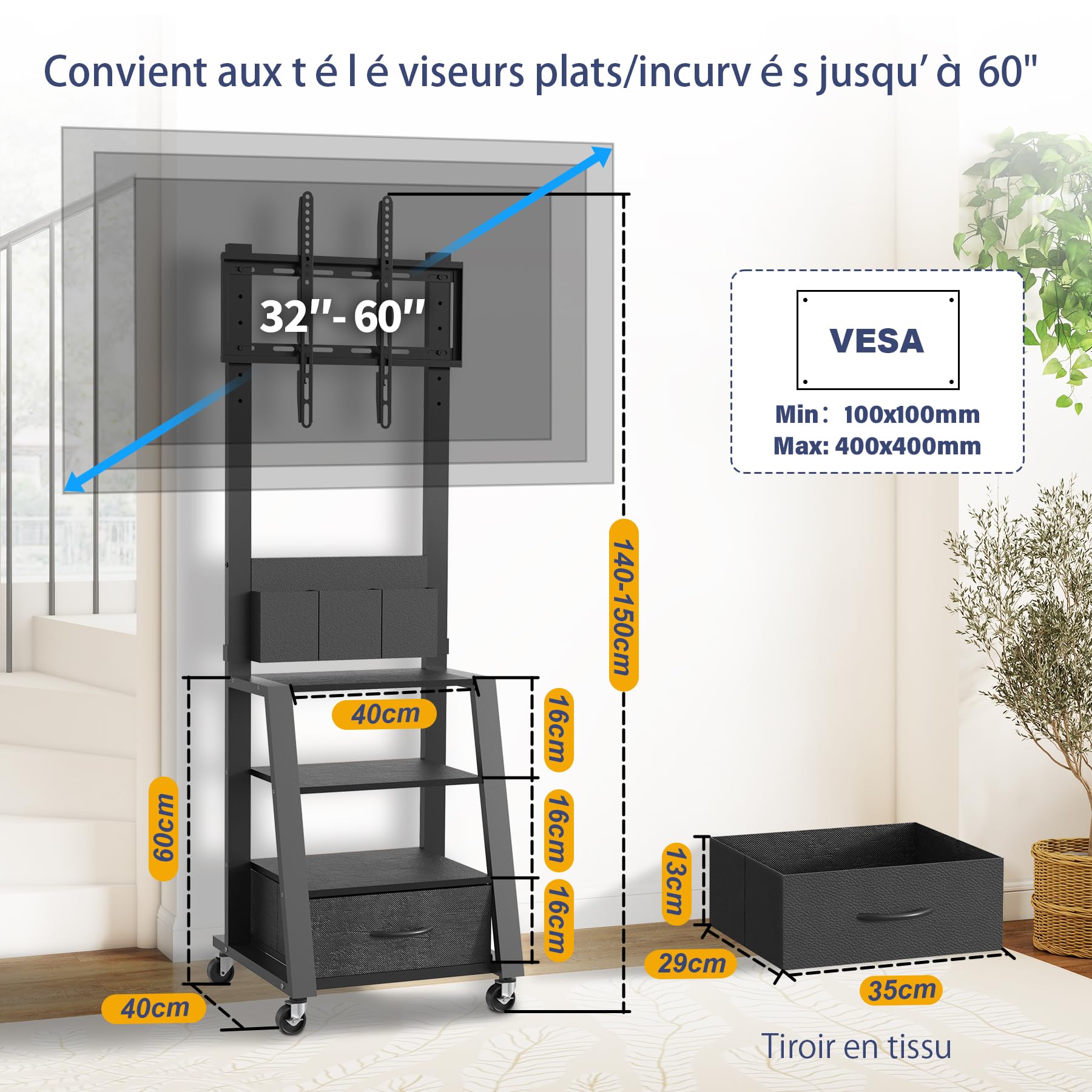 Support TV à roulettes avec tiroir et 3 Niveaux, Plats/incurvés de 23"-60" LCD/LED/OLED. Hauteur réglable Chariot TV Mobile avec roulettes pour Maison, Bureau l'extérieur. VESA Max 400 x 400 mm, Noir