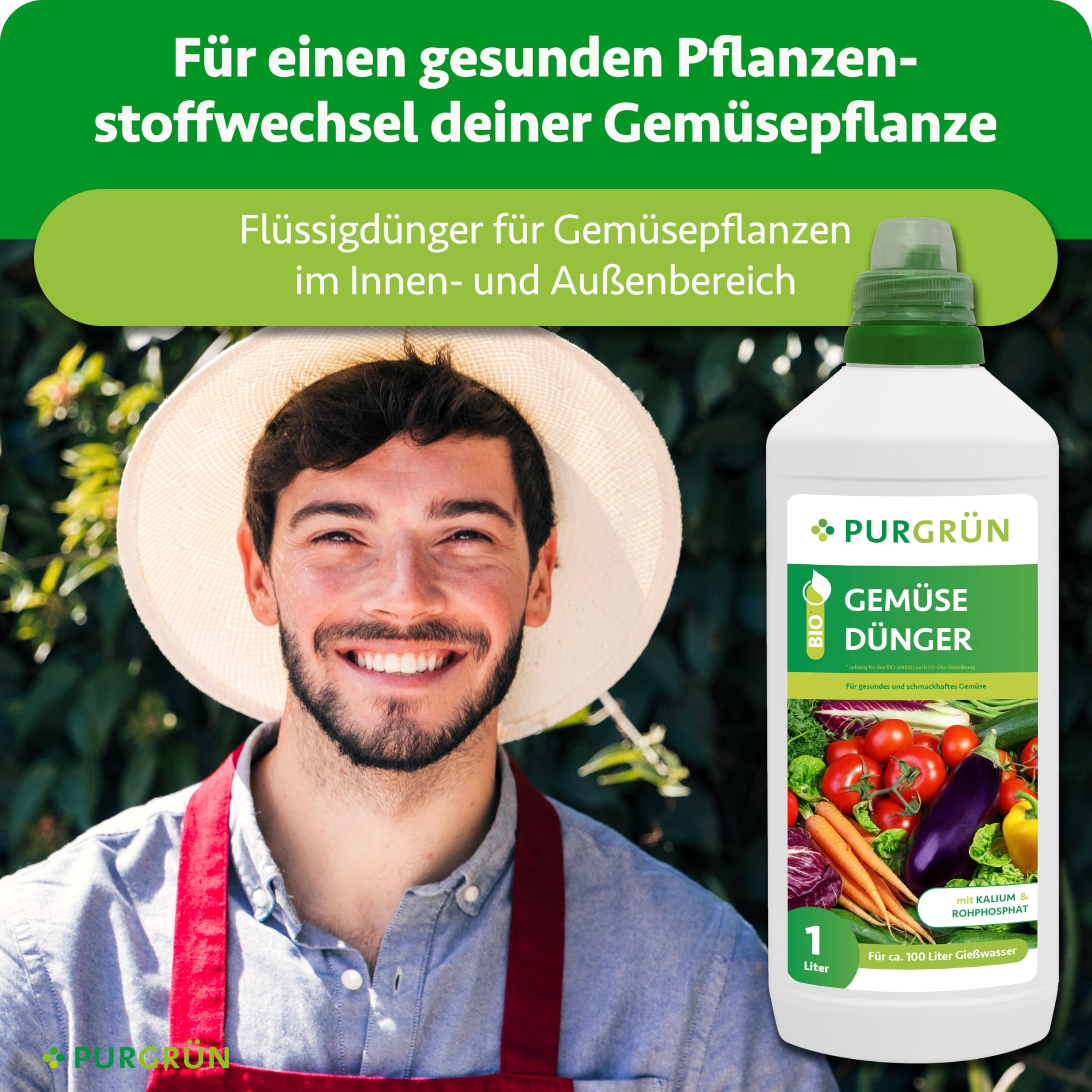 Bio-Gemüsedünger 1 Liter – Hoher Ertrag dank extra Phosphor – Bio & Vegan – Premium-Flüssigdünger – Ohne tierische Inhaltsstoffe – Ergiebiges Konzentrat für 100 Liter Wasser