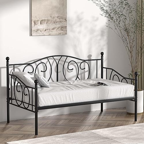 VECELO Twin Daybed Frame, Metal Day Bed with Headboard and Heavy Duty Steel Slats, Multifunctional Sofa Beds for Bedroom, Living Room, Guest Room, Black