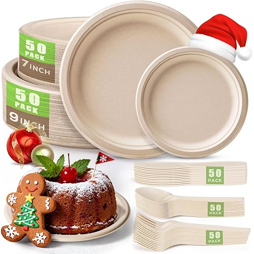 Gezond 250Pcs Disposable Paper Plates Set, Compostable Plate Sugarcane Utensils Eco Friendly Dinnerware Kit Includes 50 Biodegradable Plates, Forks, Knives and Spoons for Brithday Party Camping