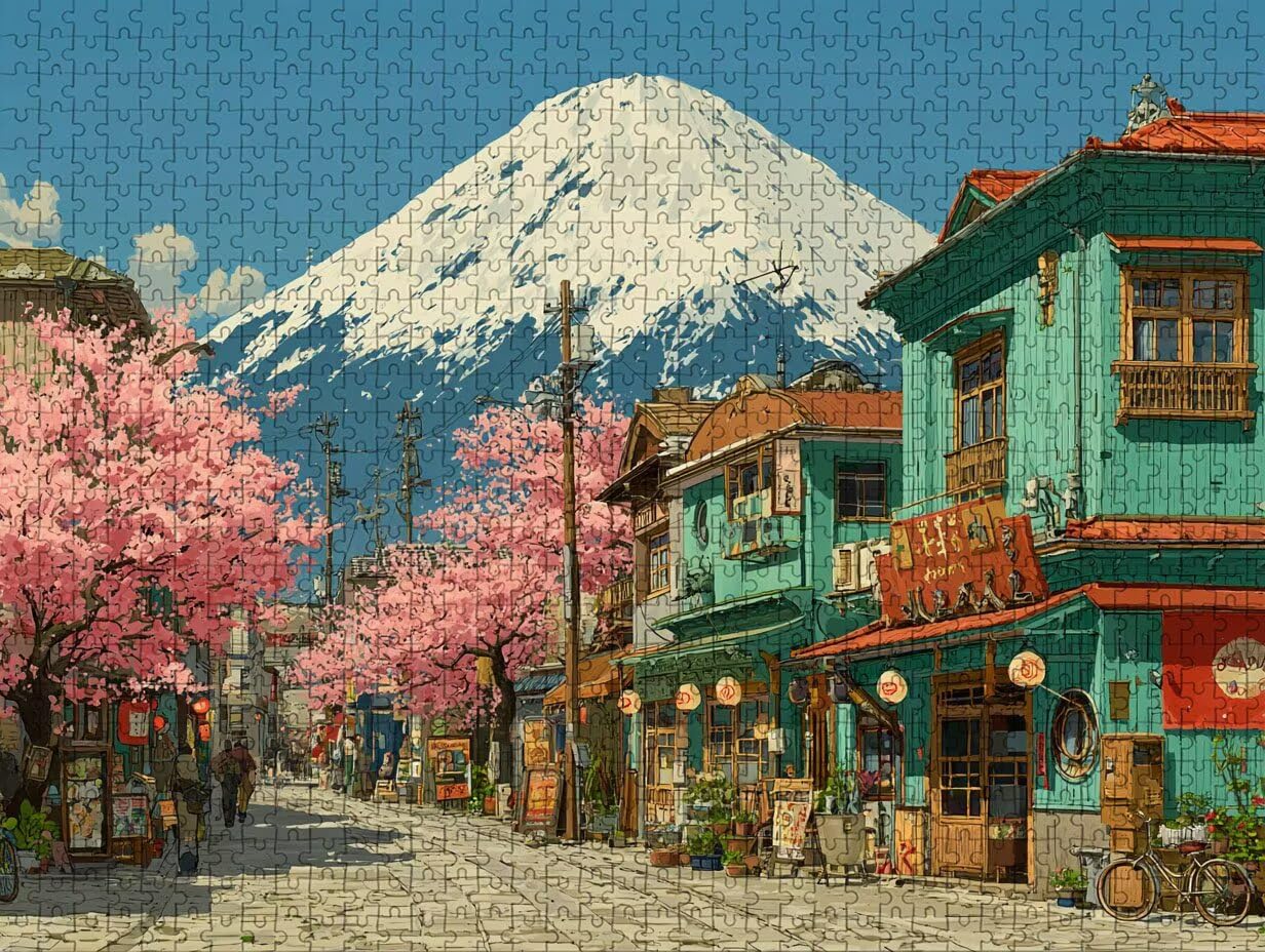 Mount Fuji Puzzle 2000 sztuk dla dorosłych, widok ulicy drewniane puzzle z pudełkiem 99 x 70 cm, pomysł na prezent dla mężczyzn i kobiet, zabawa dla dorosłych, do gier rodzinnych, gier wyzwań