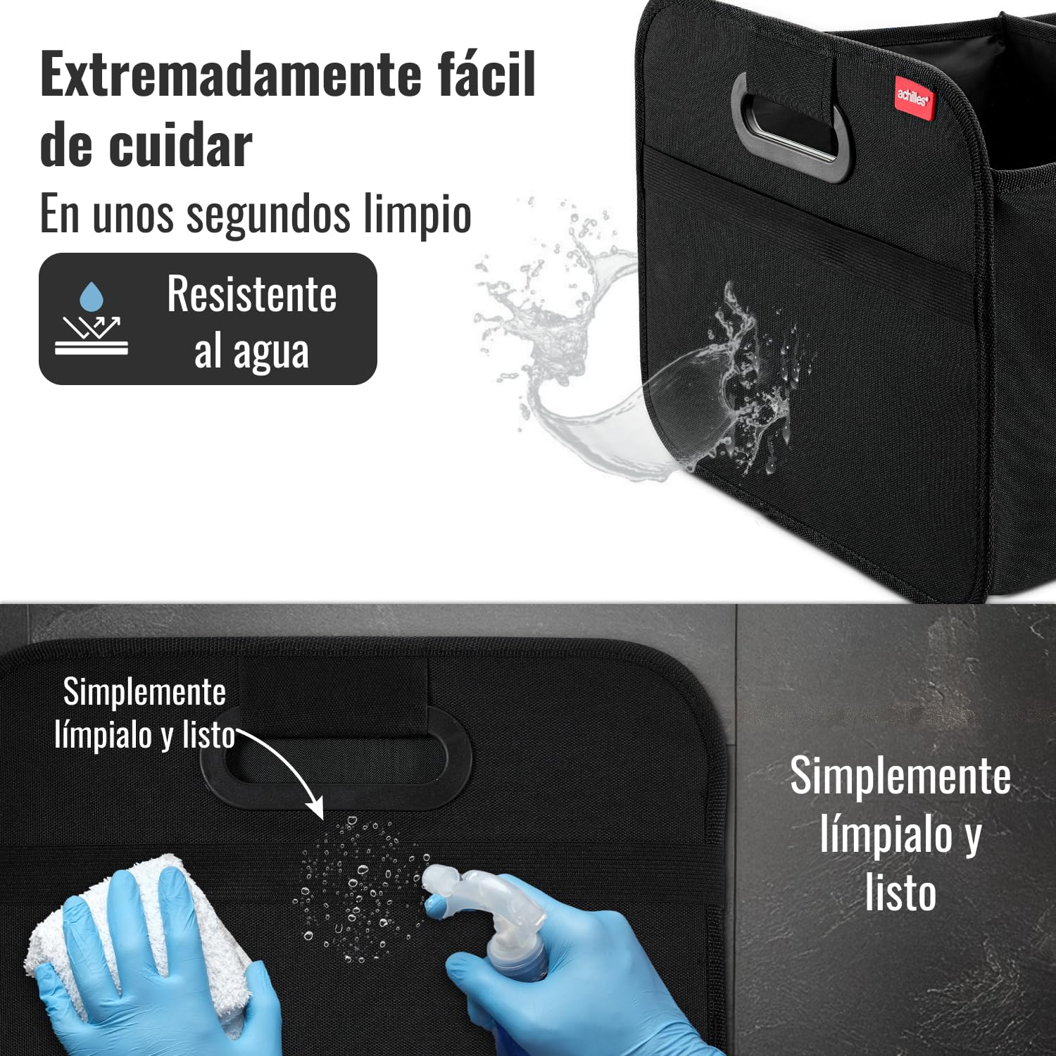 achilles Organizador de Maletero Coche – Caja Plegable XL con Bolsillo de Red – Compacta y Repele Agua – Ideal para Almacenaje Versátil – Accesorios Coche Interior – Negro – 50cm x 32cm x 27cm