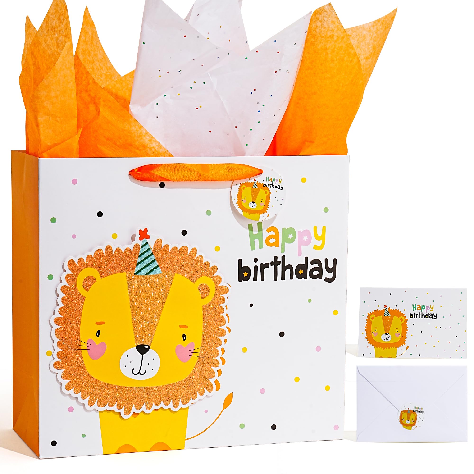 Enfoldia 35cm Lion Large Happy Birthday Gift Bag for Boys Kids with Greeting Card Tag Tissue Paper 3D Making Glitter Design Gift Wrap Bags for Baby Shower, Kids Birthday, Boys Celebration Party