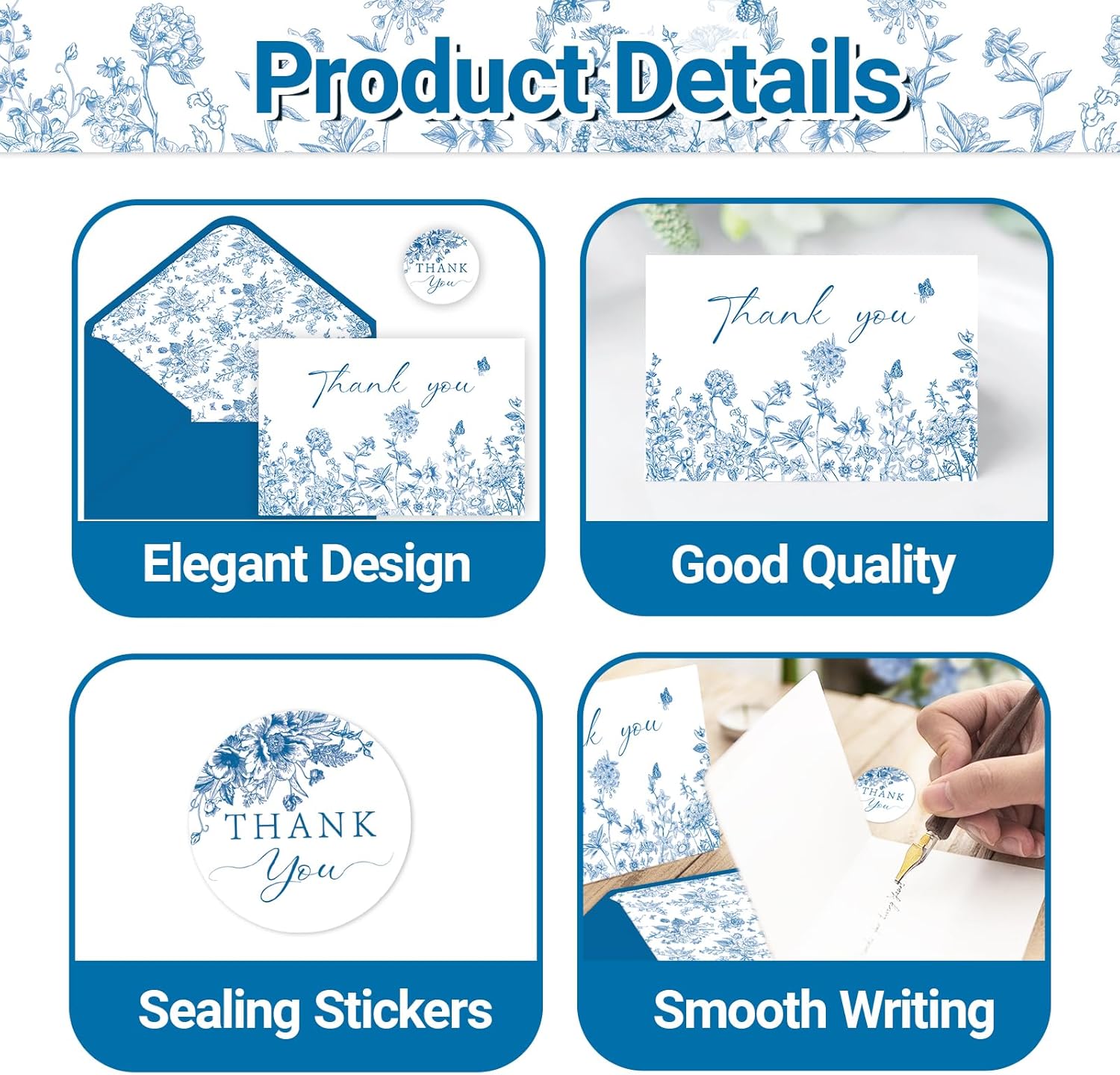 48 Pack Blue Floral Thank You Cards With Envelopes and Stickers, Blue Porcelain Flowers Thank You Cards, for Bridal Appreciation Banquet, Baby Shower, Graduation Ceremony, Birthday Greeting Letter - Image 3