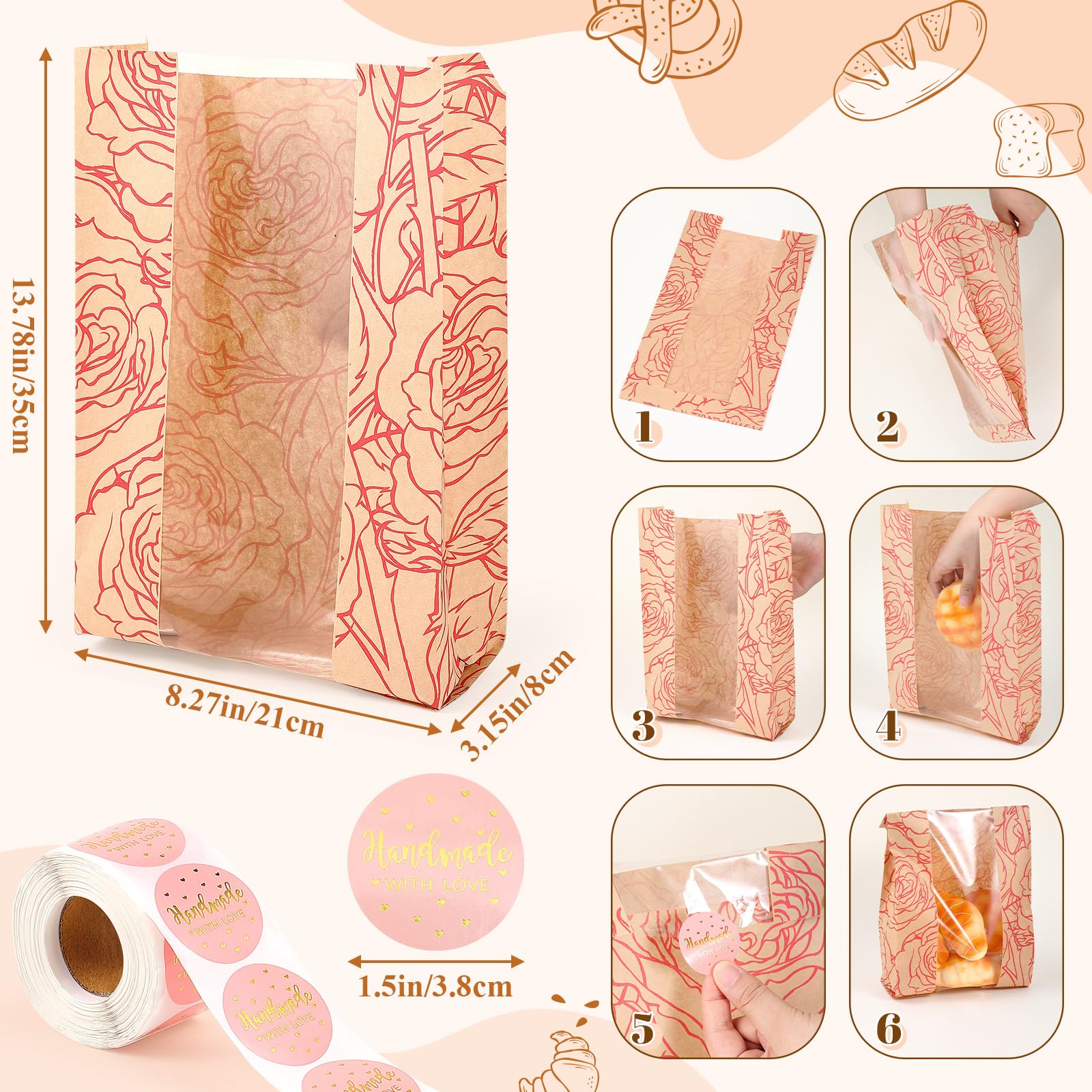 Paquete de 100 bolsas de pan a granel para pan casero, bolsas de pan kraft de masa madre con 500 calcomanías de amor, bolsas de papel grandes con ventana transparente para almacenamiento de
