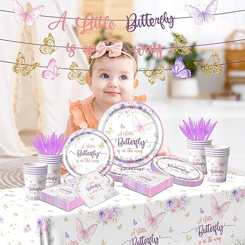 Miniatura 3 de Juego de vajilla de mariposa para baby shower, con diseño de mariposa con texto en inglés A Little Butterfly Is On Her Way (Una pequeña mariposa