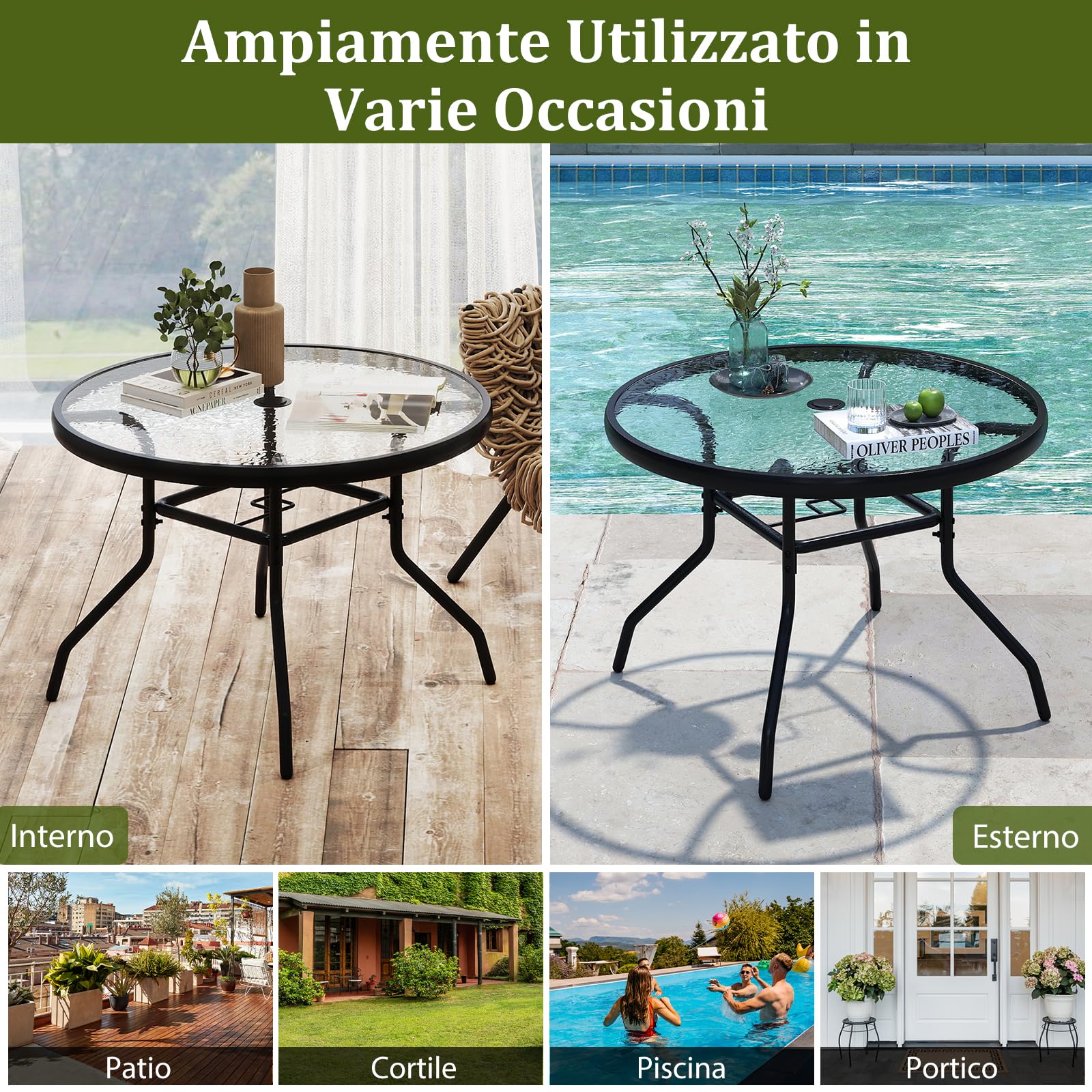 COSTWAY Tavolino Esterno in Metallo e Vetro, Tavolino da Bistro con Foro per Ombrellone 4,2 cm, Tavolo per Giardino Balcone Cortile, Portata 50 kg (70 x 45,5 cm)